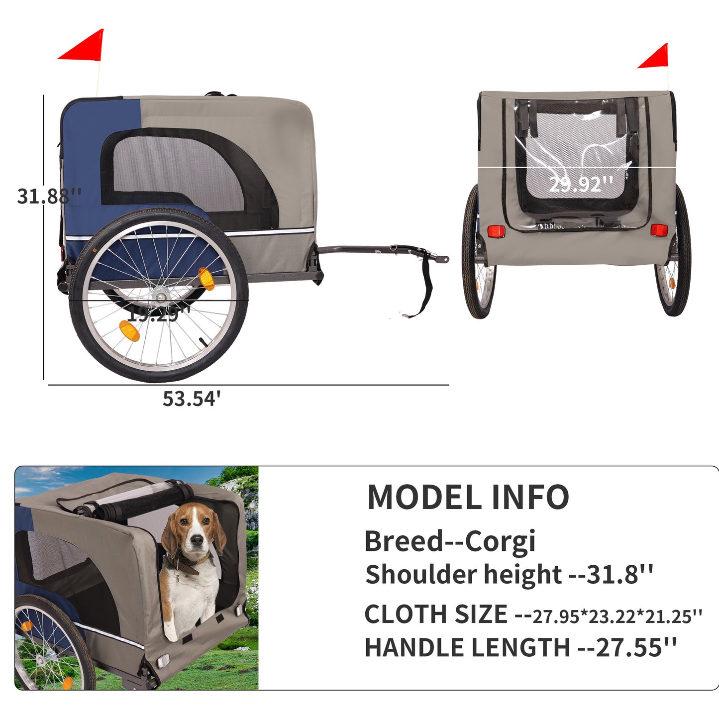 Dog Bike Trailer - Folding Pet Trailer Car for Bicycle, Folding Pet Carrier with 20 Inch Wheels, 2 Entrances, Safety Flag, Easy to Connect & Store