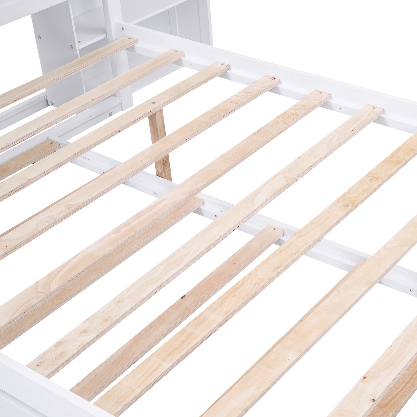 Full Size Storage Platform Bed with Pull Out Shelves and Twin Size Trundle, White