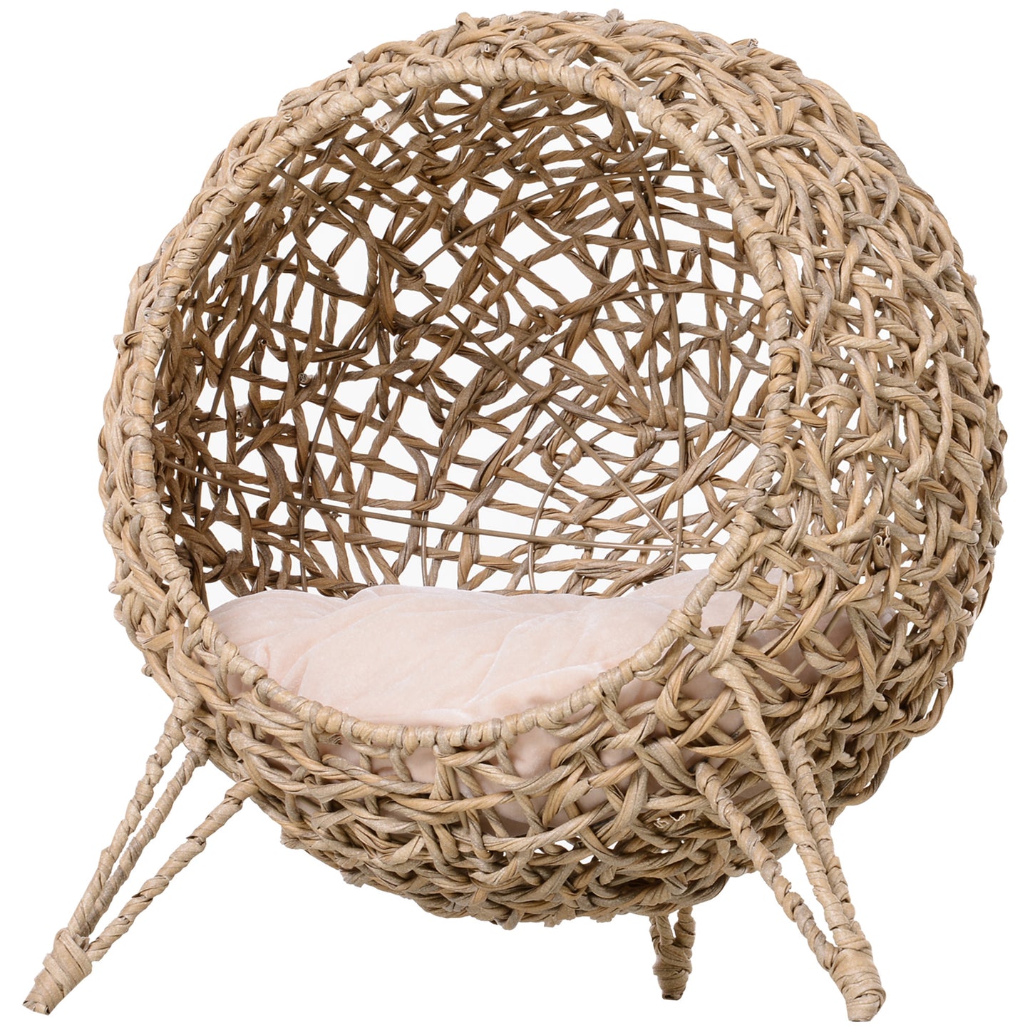 PawHut 20.5" Weaved Cat Bed, Elevated Hand-woven Braided Banana Leaf Kitten House Condo with Cushion, Beige