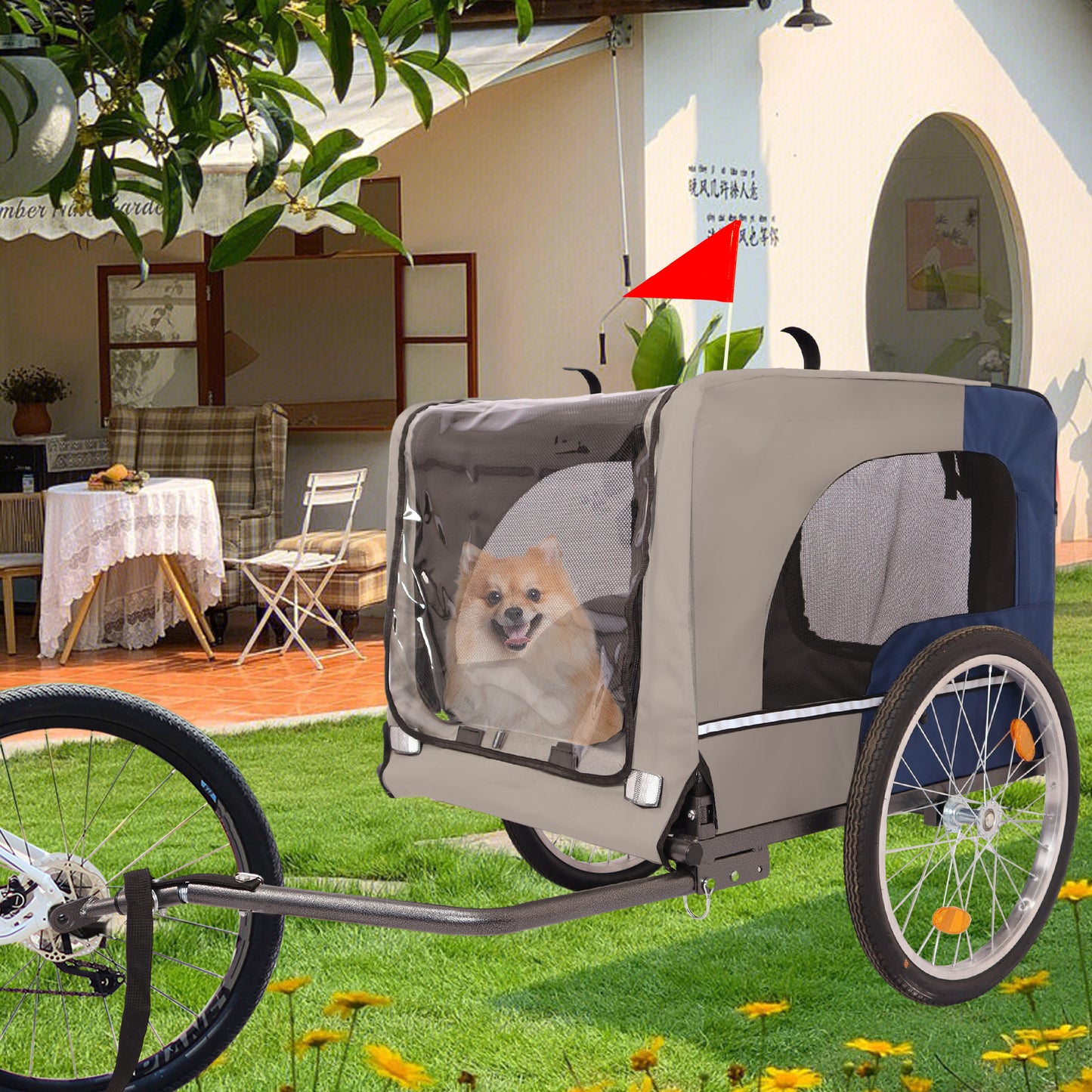 Dog Bike Trailer - Folding Pet Trailer Car for Bicycle, Folding Pet Carrier with 20 Inch Wheels, 2 Entrances, Safety Flag, Easy to Connect & Store