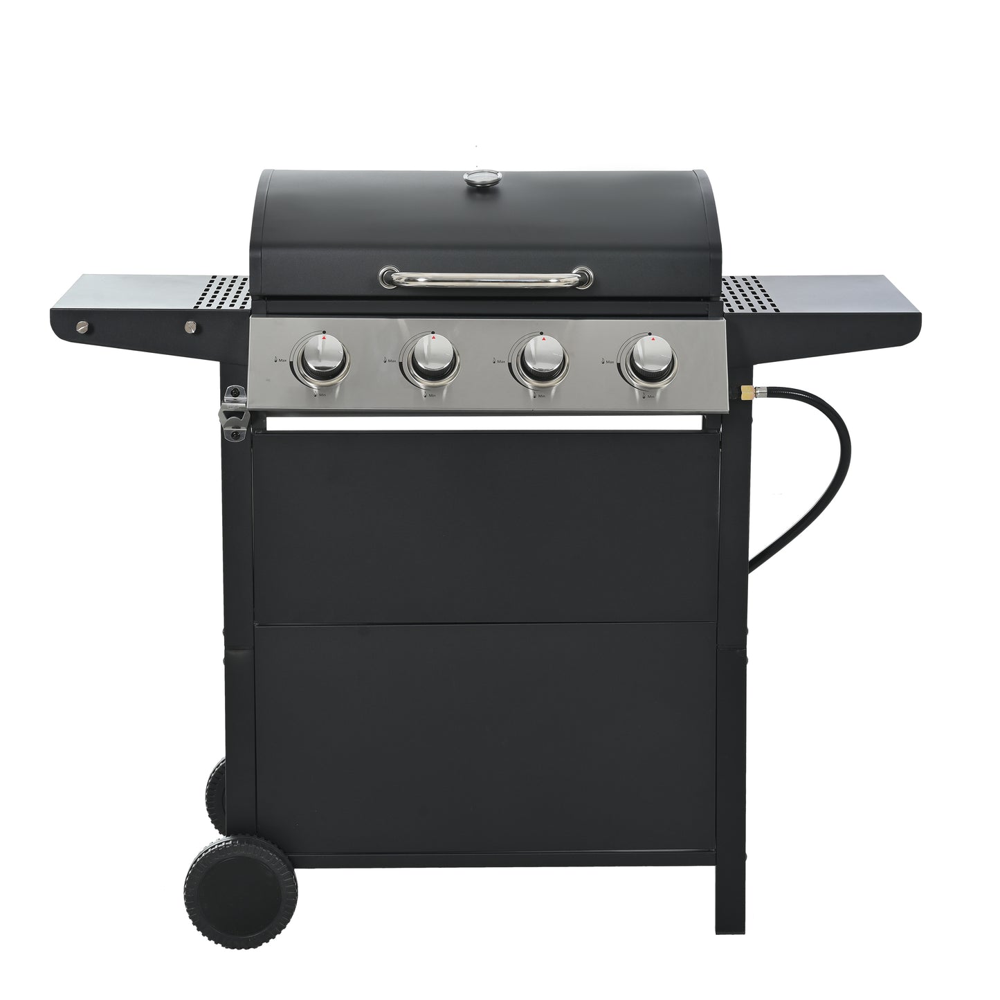 Propane Gas Grill 4 Burner Barbecue Grill, Stainless Steel 34,000 BTU Patio Garden Barbecue Grill with Two Shelves, Lid, Wheels and Bottle Opener