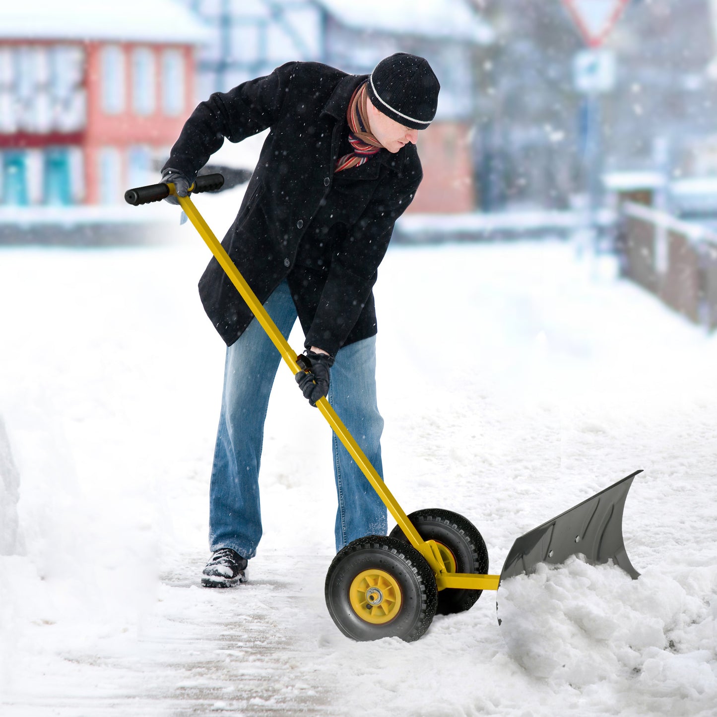 Snow Shovel with Wheels, Snow Pusher, Cushioned Adjustable Angle Handle Snow Removal Tool, 29" Blade, 10" Wheels, Yellow