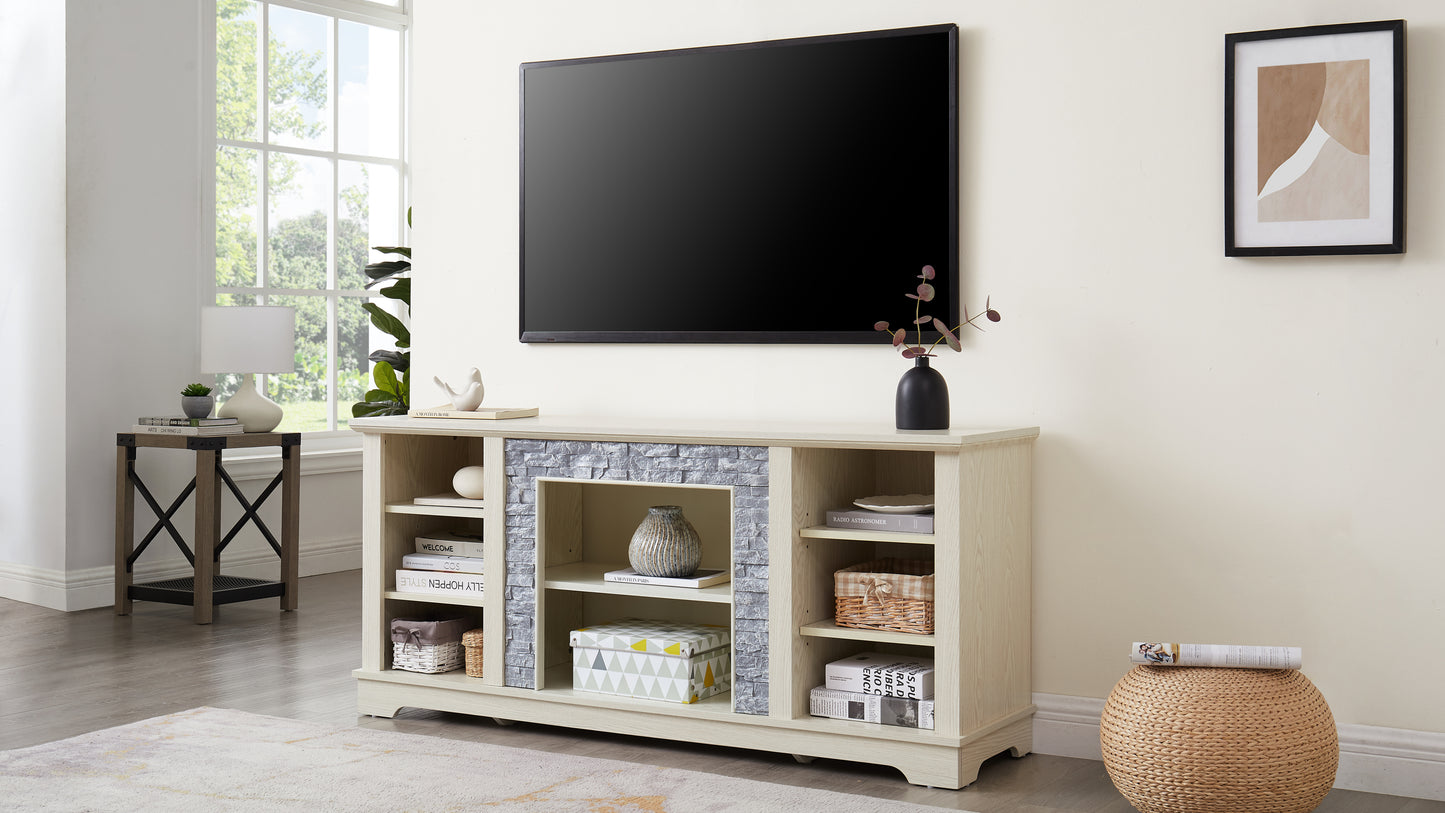 Mantel Stone TV Media Stand with with Faux Stacked Stone Surround, Modern Entertainment Console with Open Storage Space,WHITE, 58.31"W*15.39"D*26.06"H