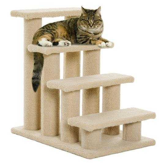 PawHut 25" 4-Step Multi-Level Carpeted Cat Scratching Post Pet Stairs, Beige