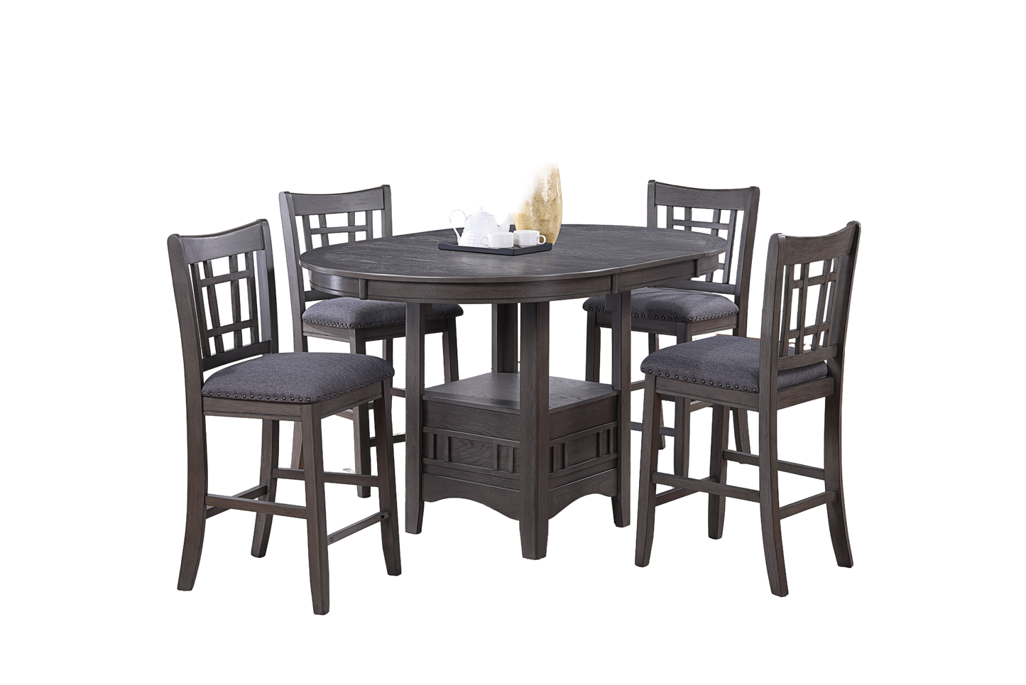 Dining Table Round Counter height Dining Table w Shelve 1pc Table Only Built In Leaf Solid wood Gray Finish