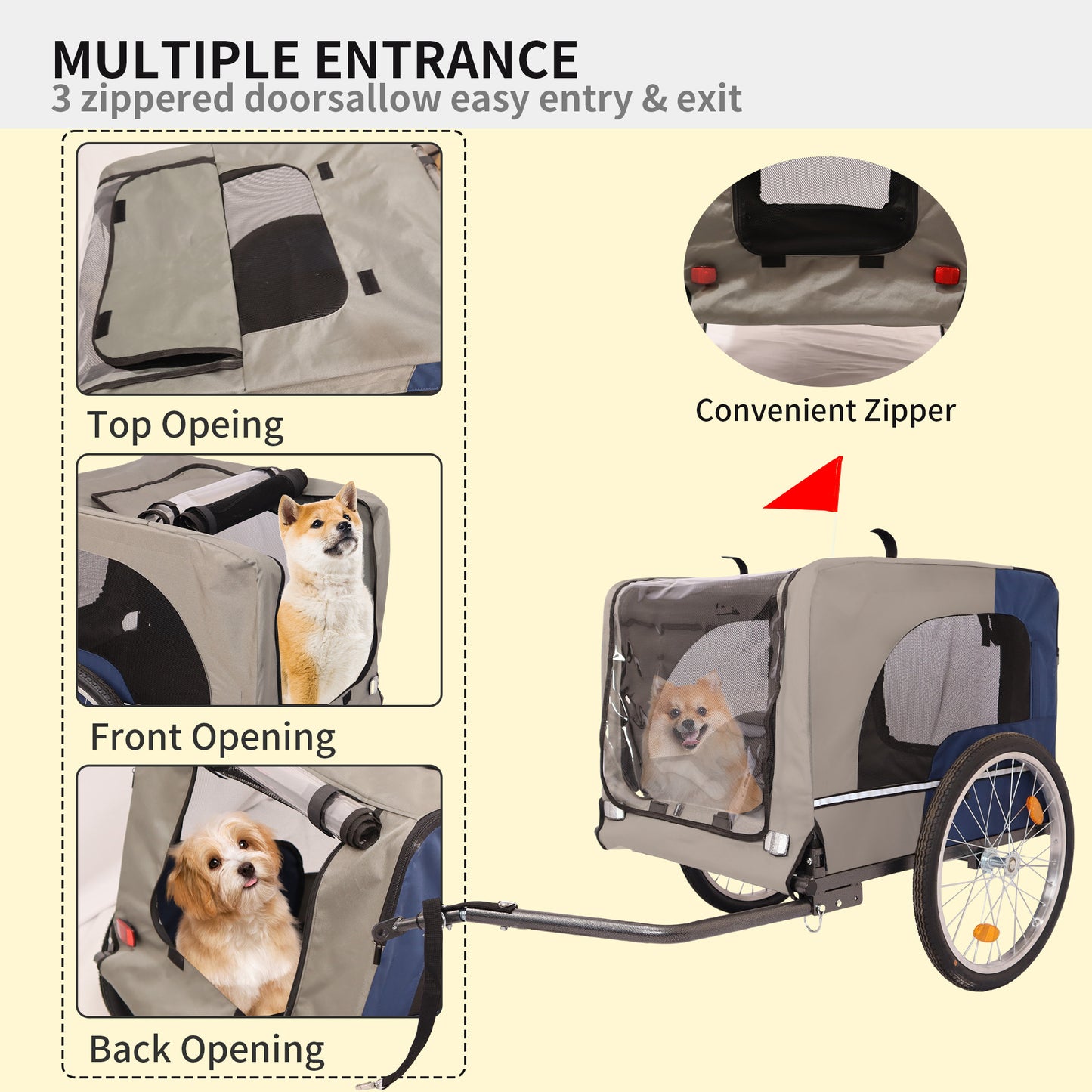 Dog Bike Trailer - Folding Pet Trailer Car for Bicycle, Folding Pet Carrier with 20 Inch Wheels, 2 Entrances, Safety Flag, Easy to Connect & Store