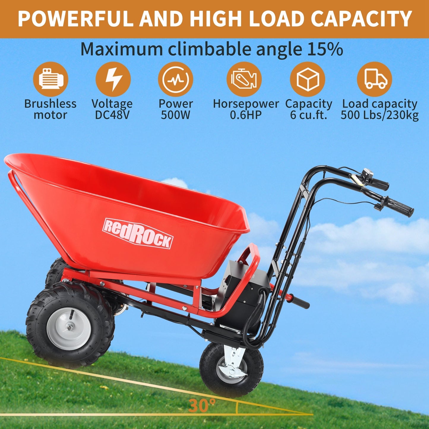 RedRock Wheelbarrow Utility Cart Electric Powered Cart 48V28Ah 500W Capacity 500lbs (230kg) Material Debris Hauler  1000lbs Towing