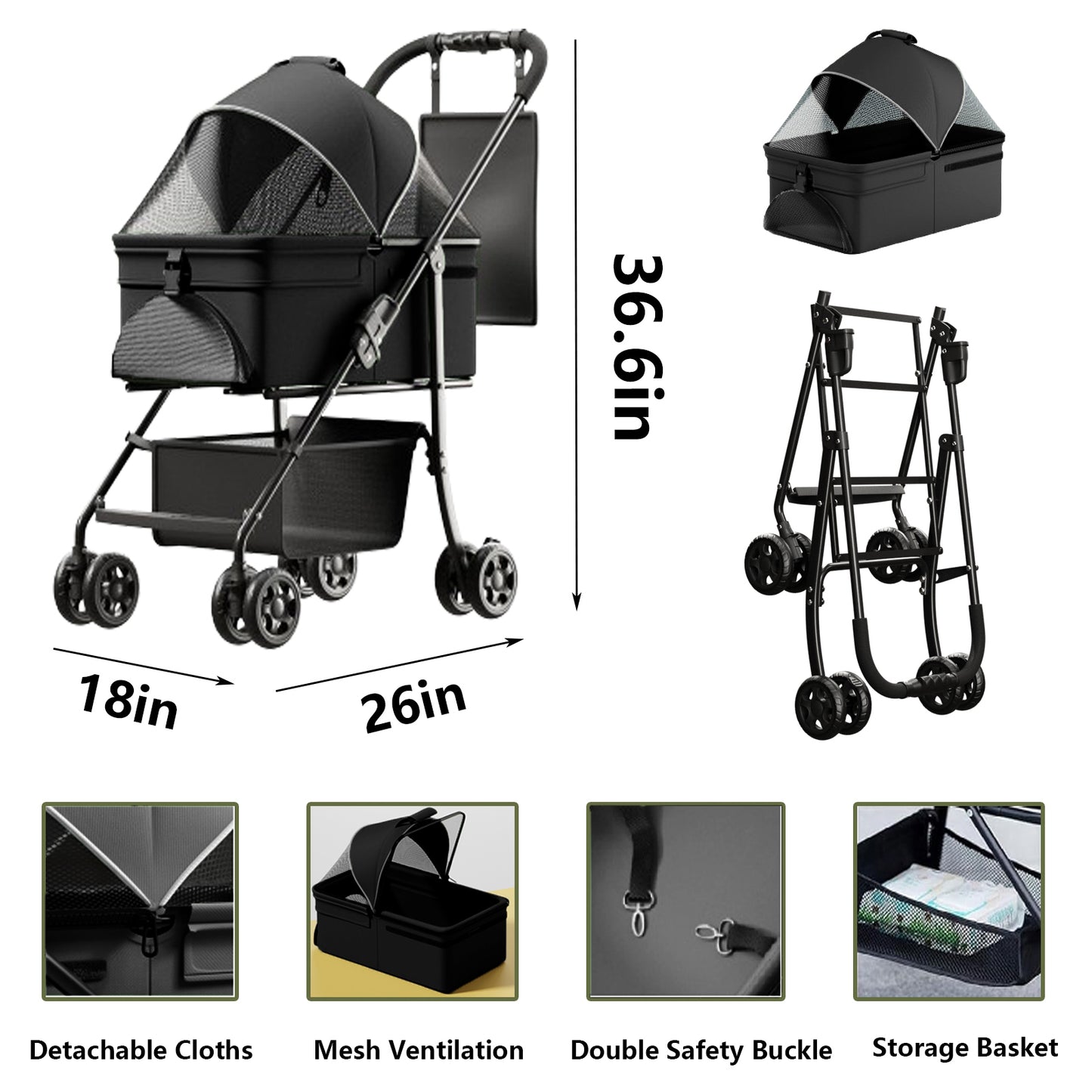 2 in 1 Folding Dog Stroller, Pet Folding Stroller, 4 Wheels Dog/Cat Puppy Stroller w/Removable Travel Carrier for Small/Medium Pet, Waterproof Pad, Car Seat, Sun Shade, Xmas Christmas Gift