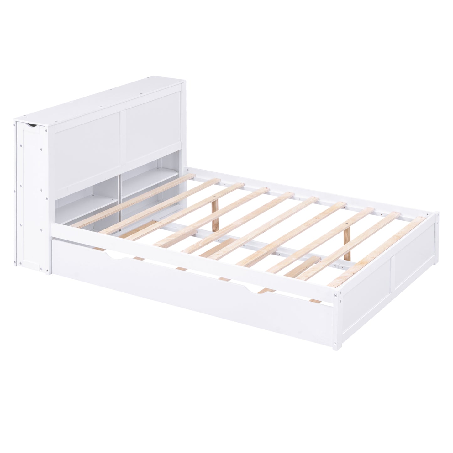 Full Size Storage Platform Bed with Pull Out Shelves and Twin Size Trundle, White