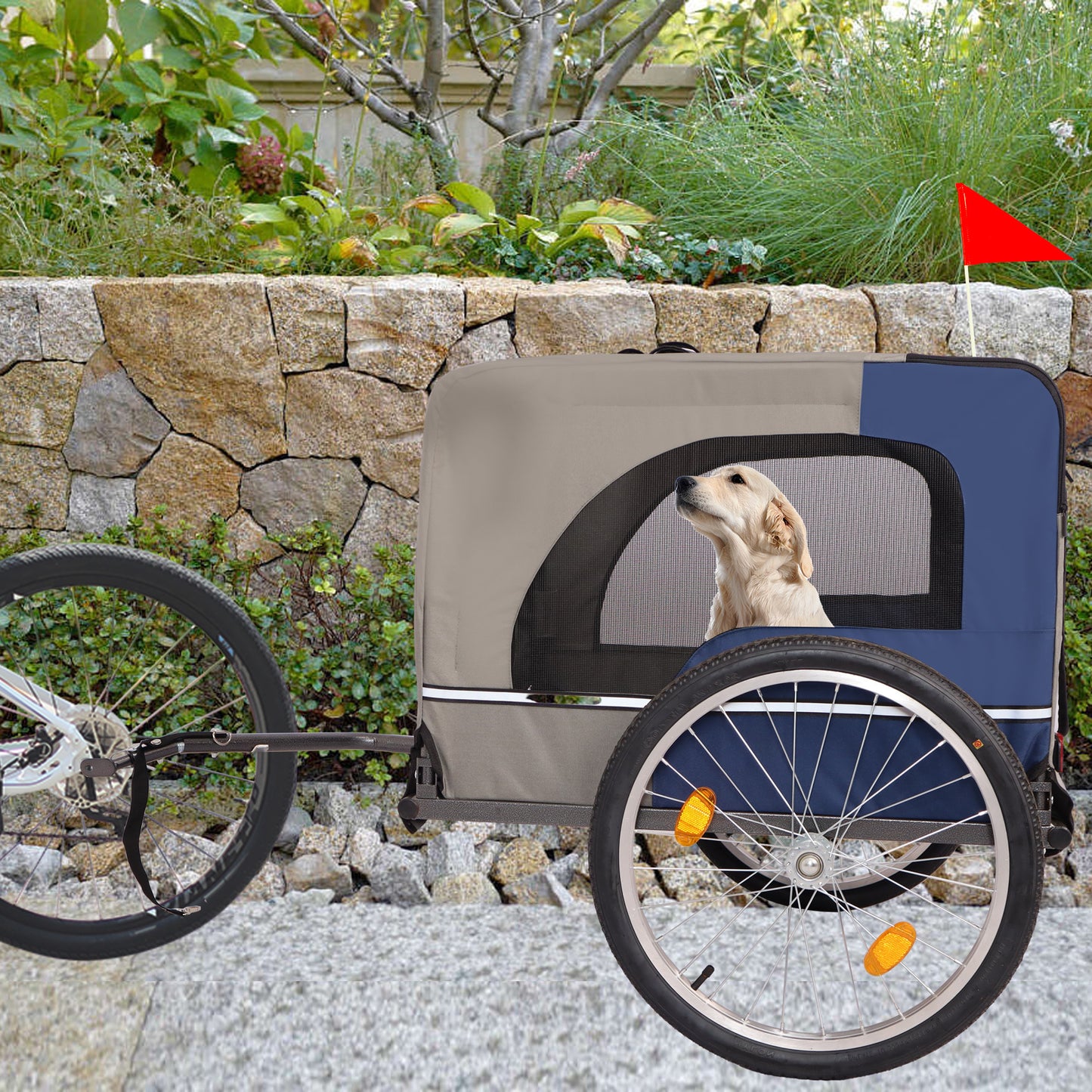 Dog Bike Trailer - Folding Pet Trailer Car for Bicycle, Folding Pet Carrier with 20 Inch Wheels, 2 Entrances, Safety Flag, Easy to Connect & Store