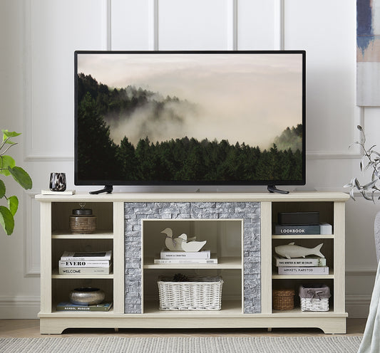 Mantel Stone TV Media Stand with with Faux Stacked Stone Surround, Modern Entertainment Console with Open Storage Space,WHITE, 58.31"W*15.39"D*26.06"H