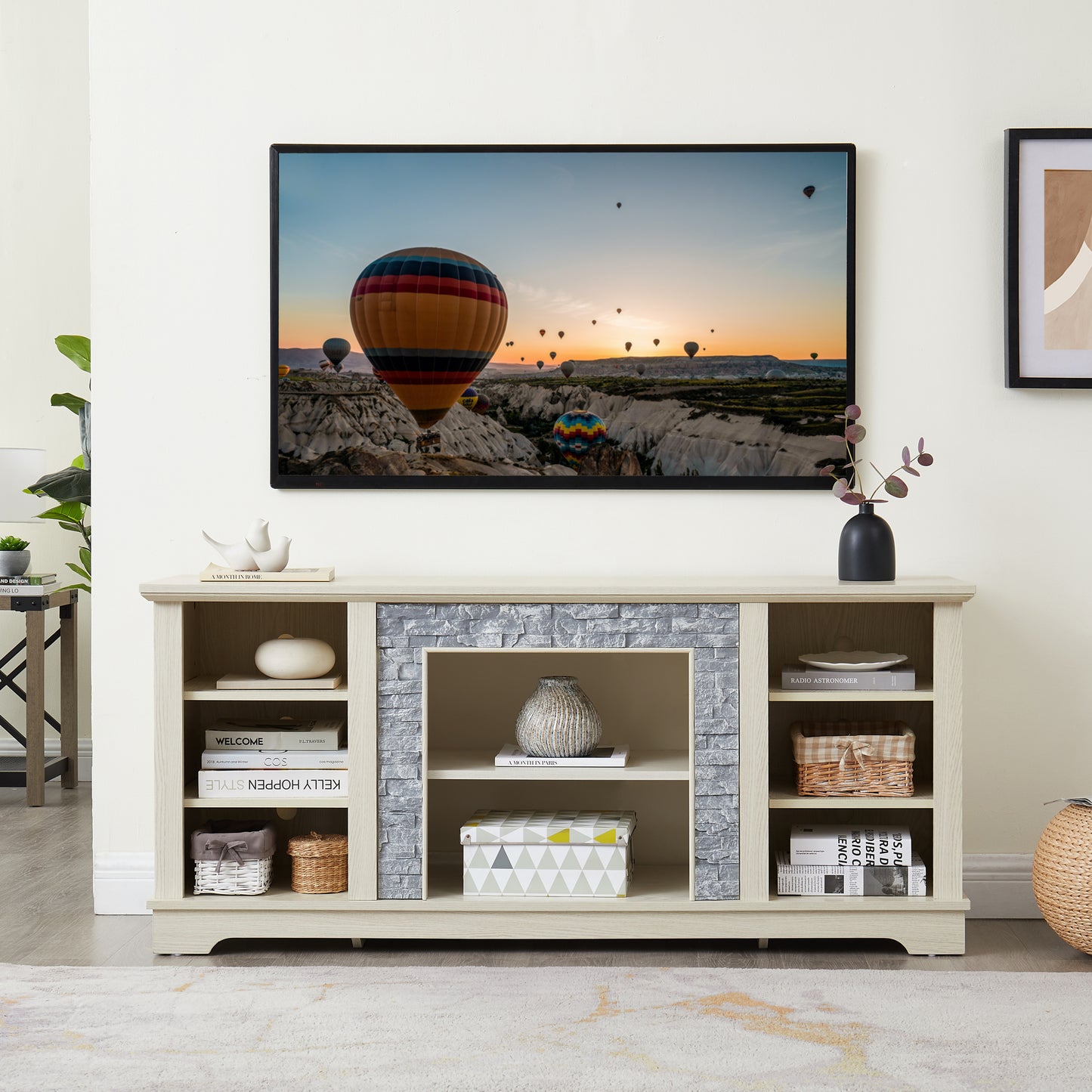 Mantel Stone TV Media Stand with with Faux Stacked Stone Surround, Modern Entertainment Console with Open Storage Space,WHITE, 58.31"W*15.39"D*26.06"H