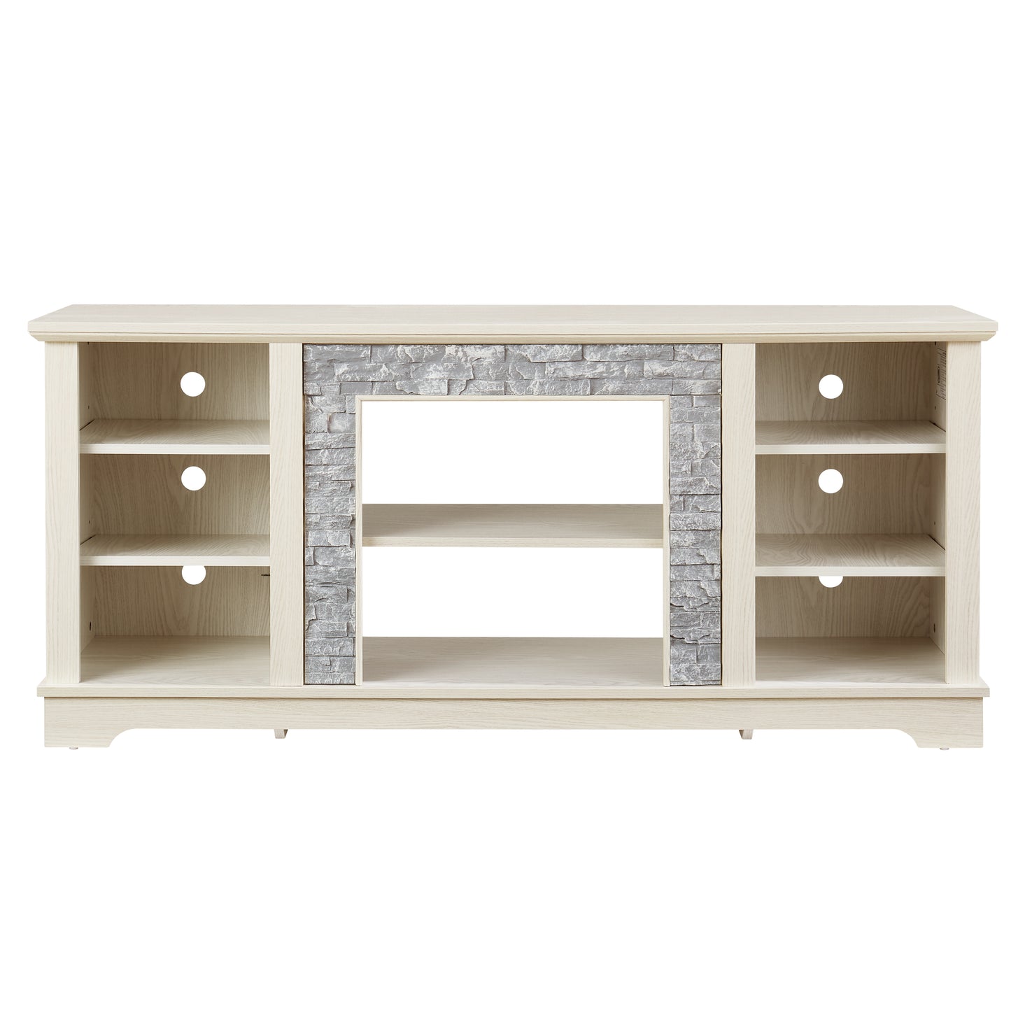 Mantel Stone TV Media Stand with with Faux Stacked Stone Surround, Modern Entertainment Console with Open Storage Space,WHITE, 58.31"W*15.39"D*26.06"H