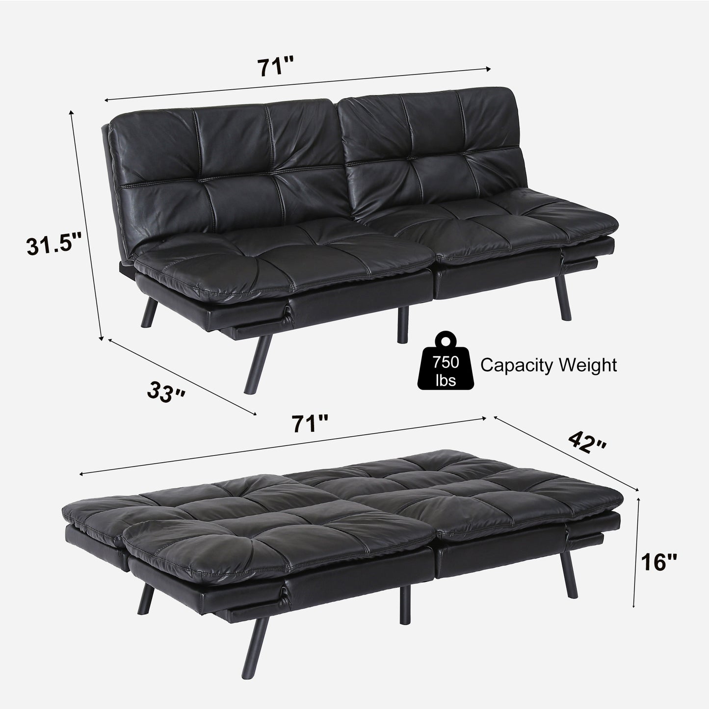 Futon Sofa Bed with Adjustable Backrests Sleeper Couch with Adjustable Armrests  Convertible Sofa Couch Bed for Small Space Apartment  Living Room Black