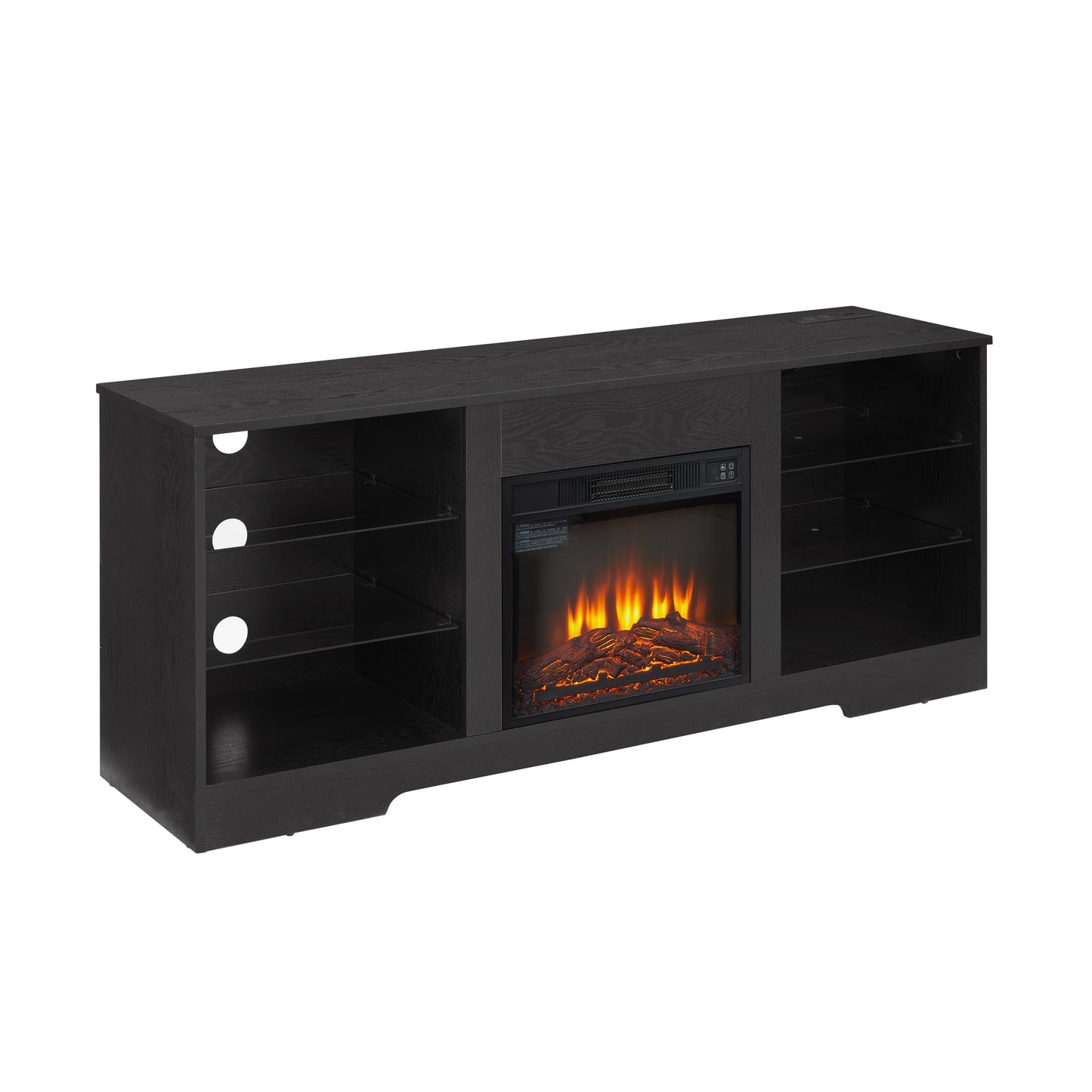 TV Stand Electric Fireplace TV Stand with Glass Shelves, 3D Fireplace TV Stand with LED Lights Wood with USB Charging Outlet Modern Television Table Center for TV up to 32-62" Black 58''W*15.5''D*24.4