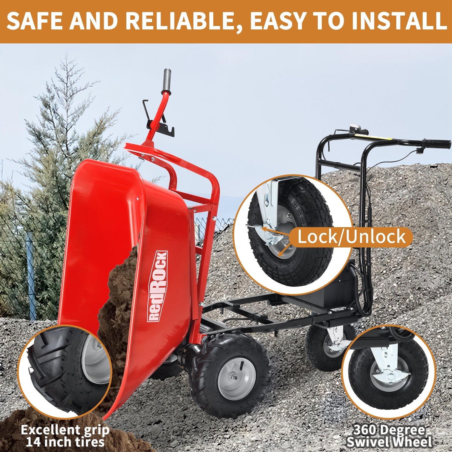 RedRock Wheelbarrow Utility Cart Electric Powered Cart 48V28Ah 500W Capacity 500lbs (230kg) Material Debris Hauler  1000lbs Towing