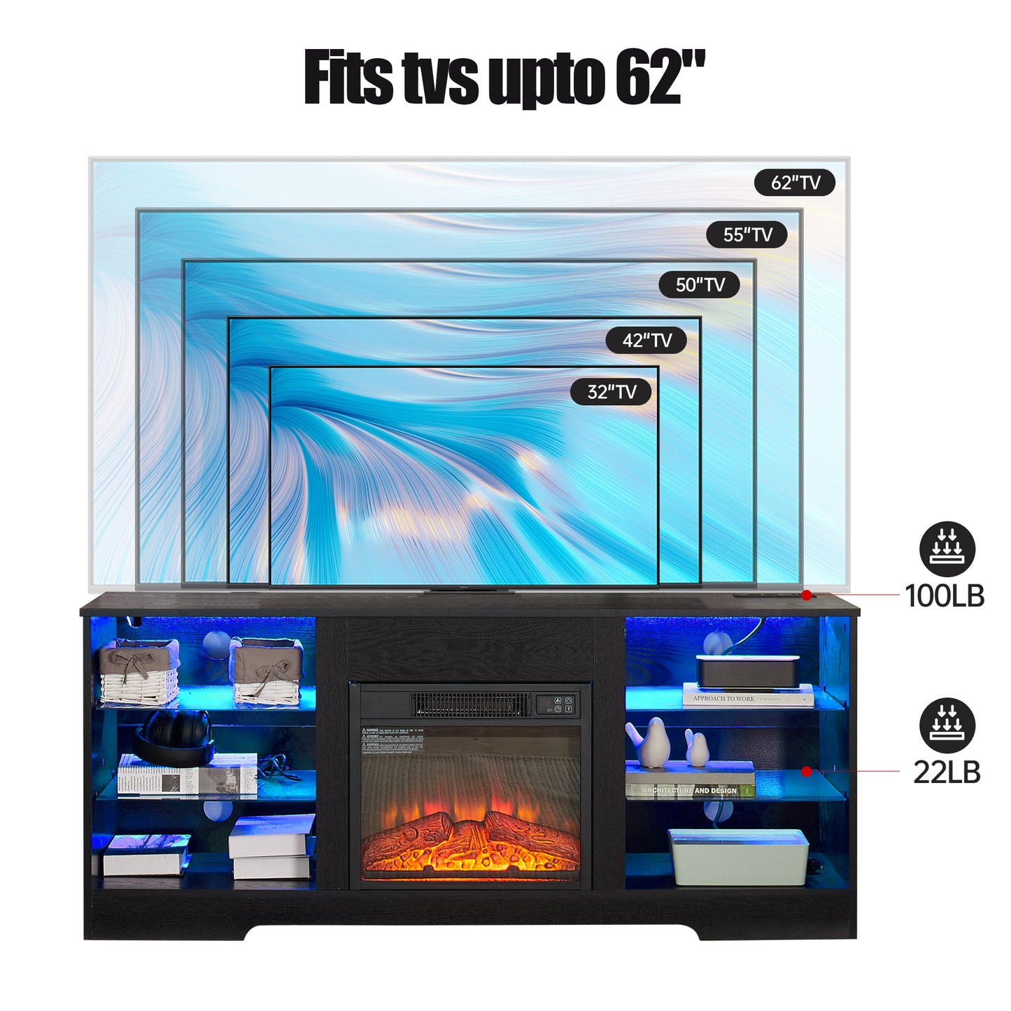 TV Stand Electric Fireplace TV Stand with Glass Shelves, 3D Fireplace TV Stand with LED Lights Wood with USB Charging Outlet Modern Television Table Center for TV up to 32-62" Black 58''W*15.5''D*24.4