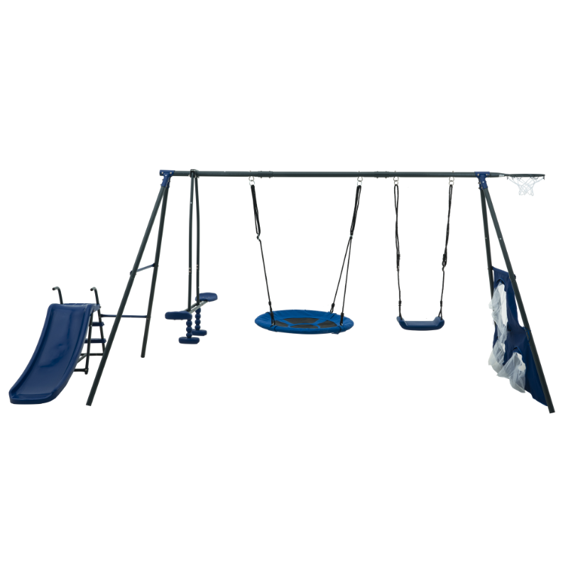 XNS052 grey and blue interesting six function swingset with net swing metal plastic safe swing set 440lbs for outdoor playground for age 3+ with 31.5in net swing