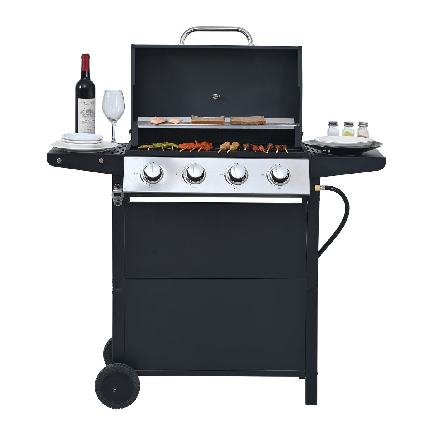 Propane Gas Grill 4 Burner Barbecue Grill, Stainless Steel 34,000 BTU Patio Garden Barbecue Grill with Two Shelves, Lid, Wheels and Bottle Opener