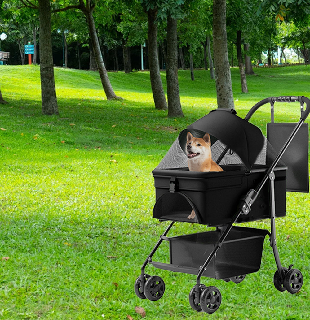 2 in 1 Folding Dog Stroller, Pet Folding Stroller, 4 Wheels Dog/Cat Puppy Stroller w/Removable Travel Carrier for Small/Medium Pet, Waterproof Pad, Car Seat, Sun Shade, Xmas Christmas Gift