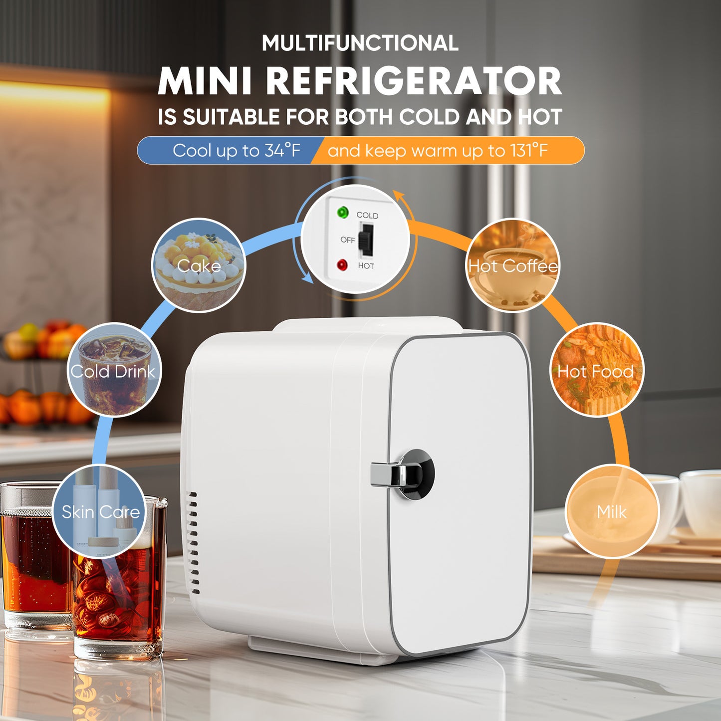 Mini Fridge, Portable Small Refrigerator 4L/6 Can Cooler & Warmer Compact Fridge for SkinCare, Food and Drinks, Small Fridge for Bedroom, Dorm, Car, Office, White