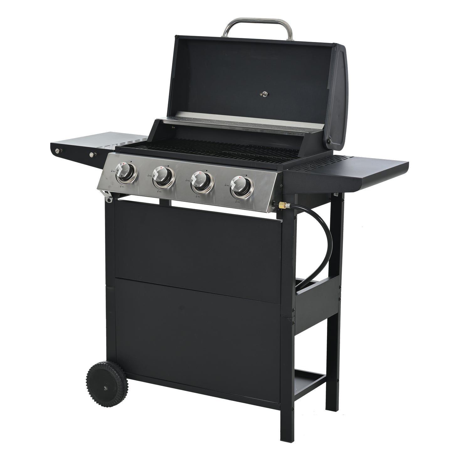 Propane Gas Grill 4 Burner Barbecue Grill, Stainless Steel 34,000 BTU Patio Garden Barbecue Grill with Two Shelves, Lid, Wheels and Bottle Opener