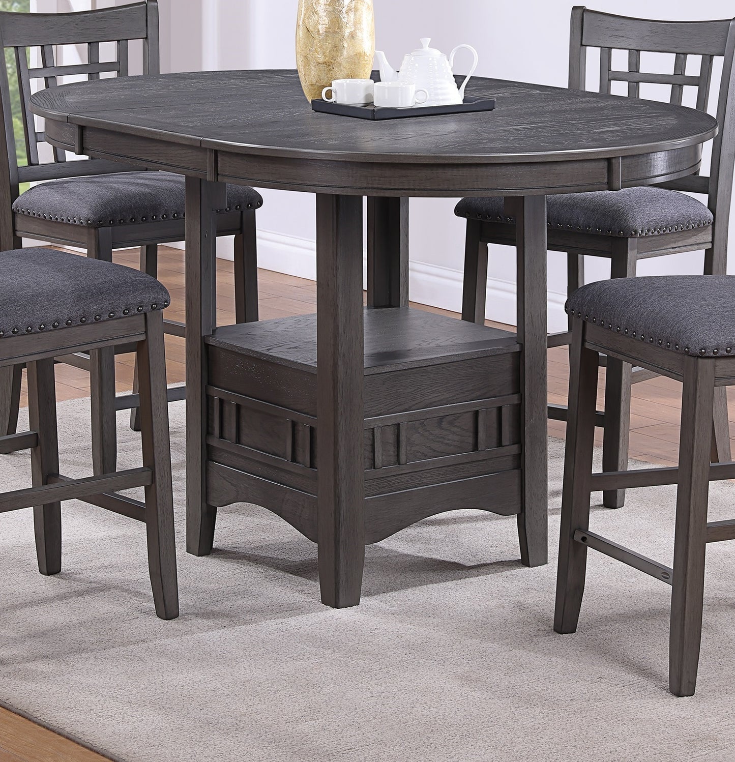 Dining Table Round Counter height Dining Table w Shelve 1pc Table Only Built In Leaf Solid wood Gray Finish