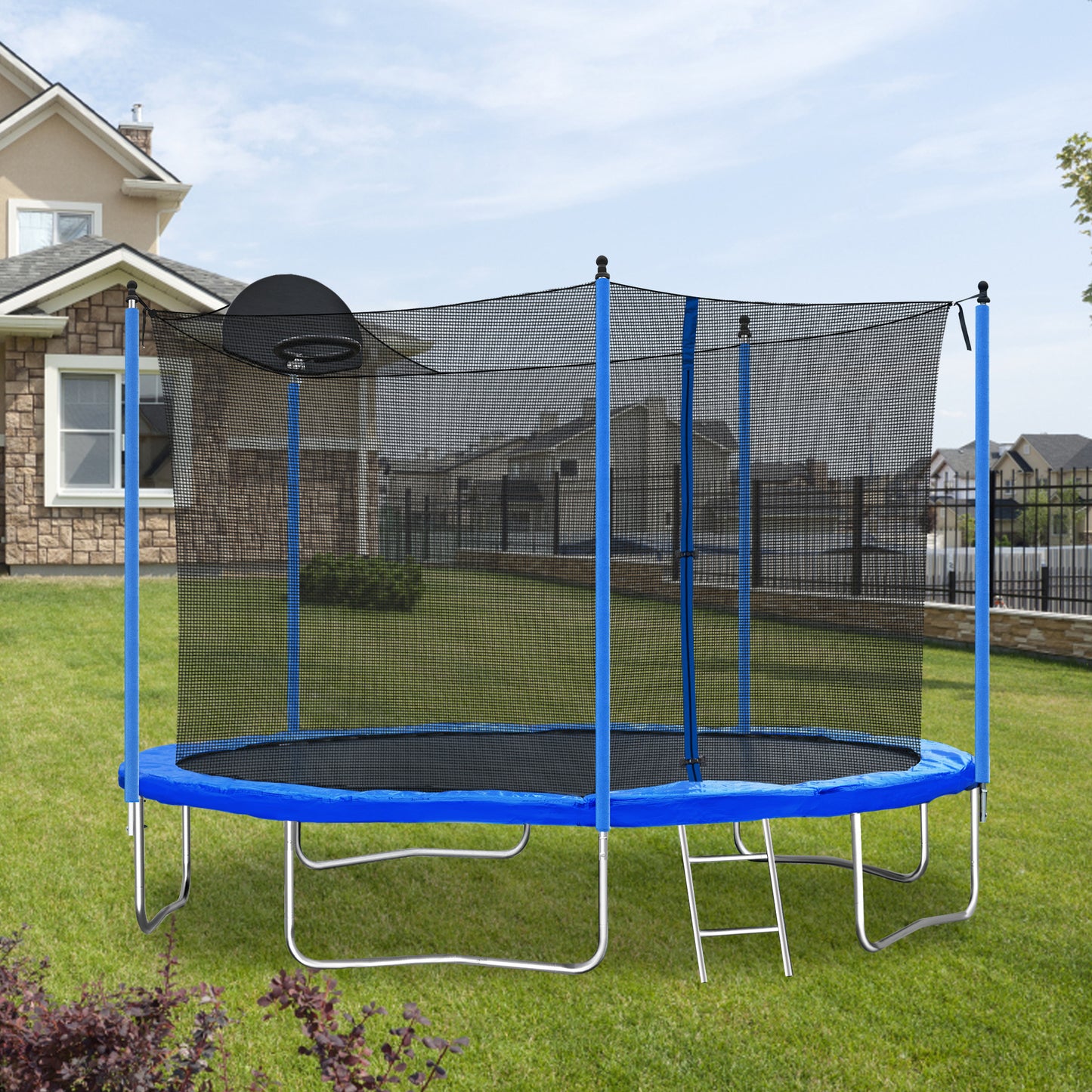 12FT Trampoline for Adults & Kids with Basketball Hoop, Outdoor Trampolines w/Ladder and Safety Enclosure Net for Kids and adults