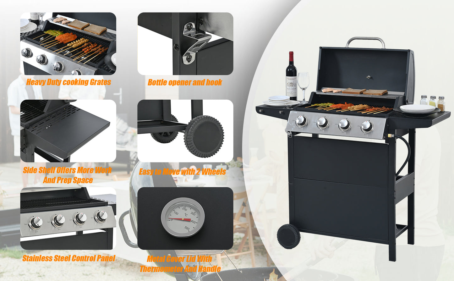 Propane Gas Grill 4 Burner Barbecue Grill, Stainless Steel 34,000 BTU Patio Garden Barbecue Grill with Two Shelves, Lid, Wheels and Bottle Opener