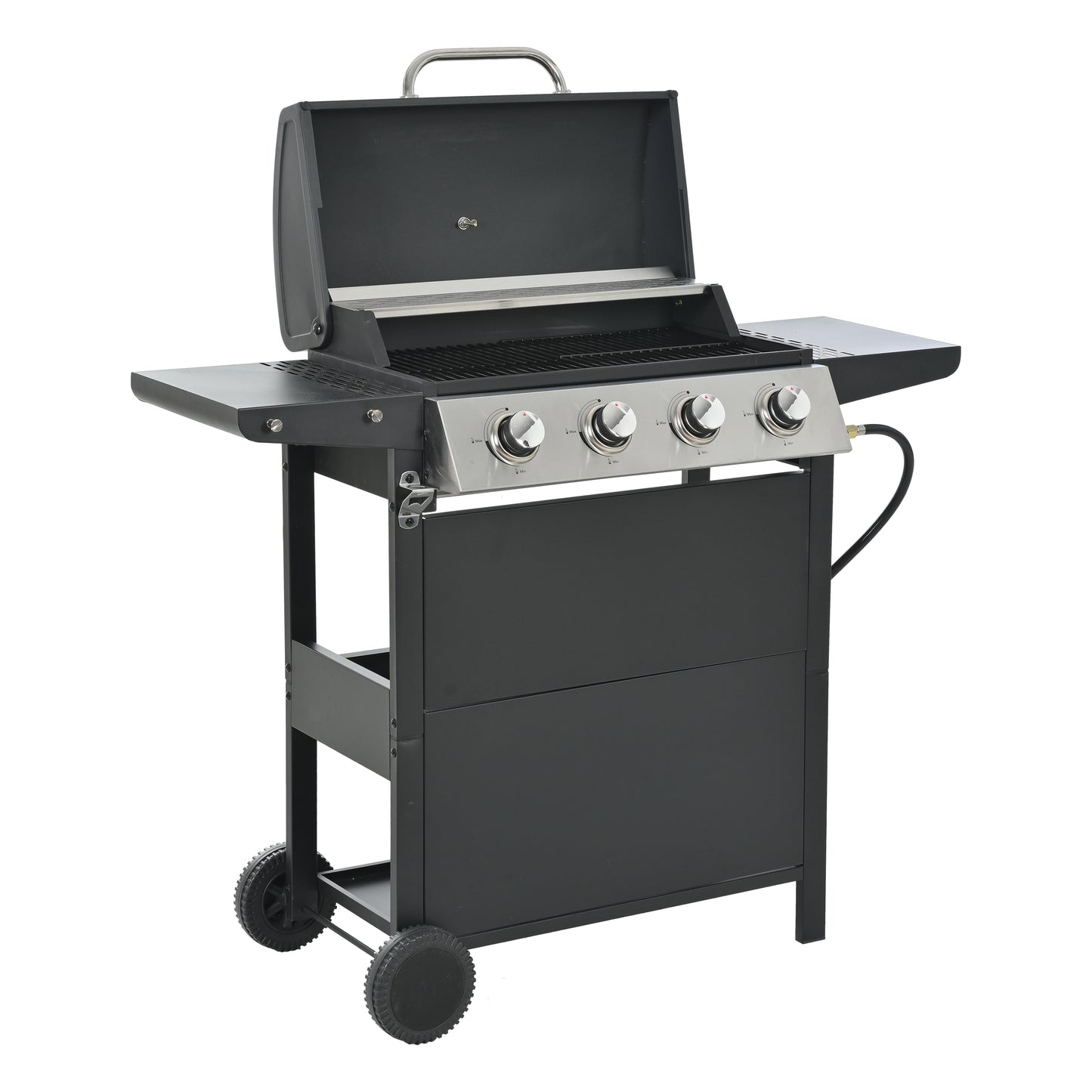 Propane Gas Grill 4 Burner Barbecue Grill, Stainless Steel 34,000 BTU Patio Garden Barbecue Grill with Two Shelves, Lid, Wheels and Bottle Opener