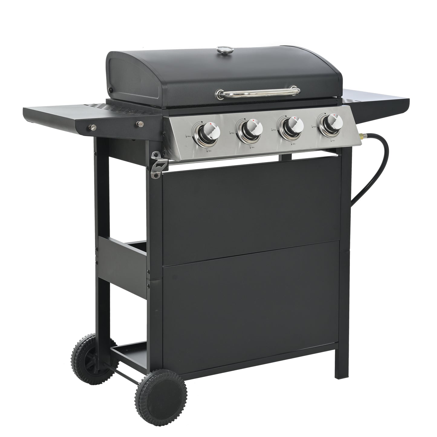 Propane Gas Grill 4 Burner Barbecue Grill, Stainless Steel 34,000 BTU Patio Garden Barbecue Grill with Two Shelves, Lid, Wheels and Bottle Opener