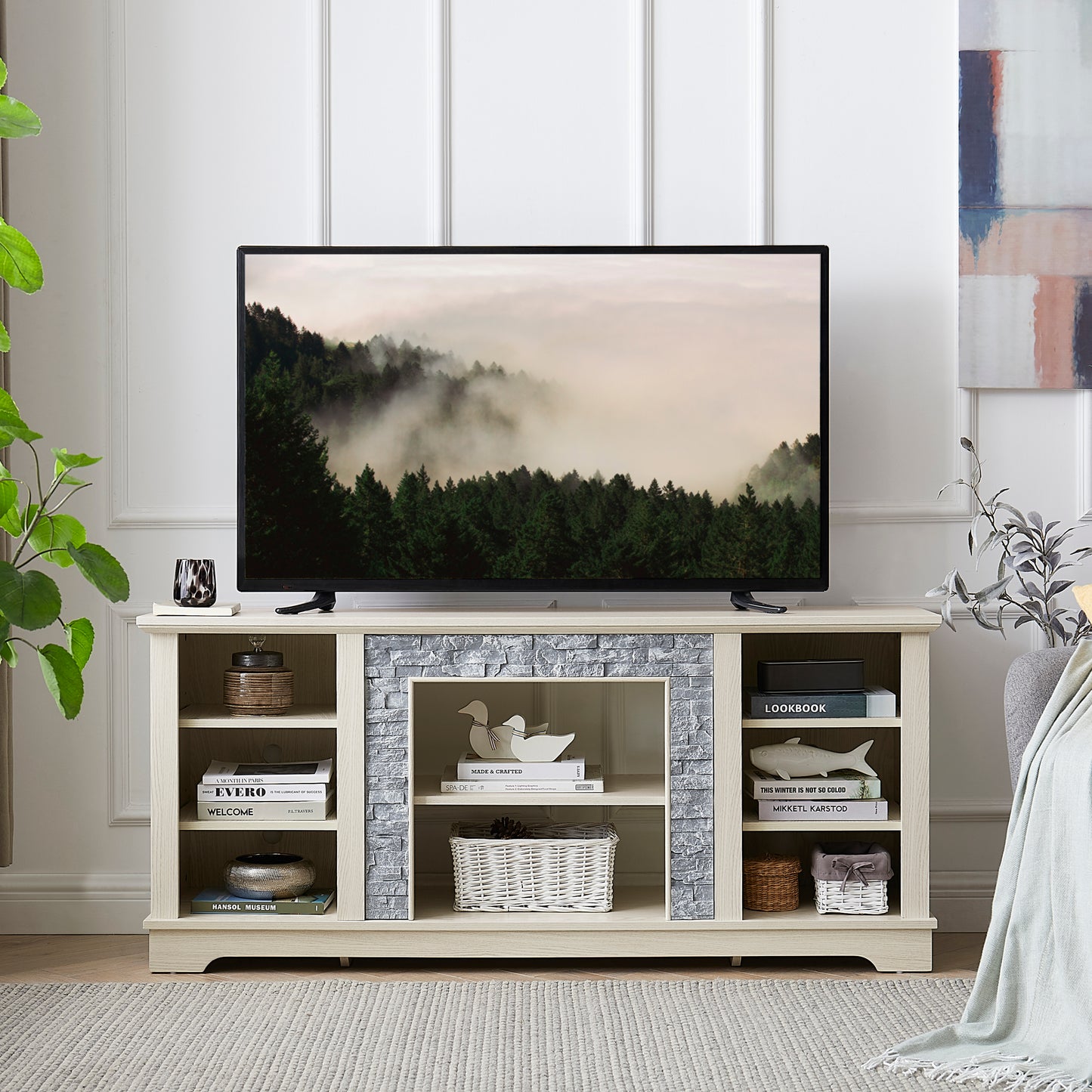 Mantel Stone TV Media Stand with with Faux Stacked Stone Surround, Modern Entertainment Console with Open Storage Space,WHITE, 58.31"W*15.39"D*26.06"H