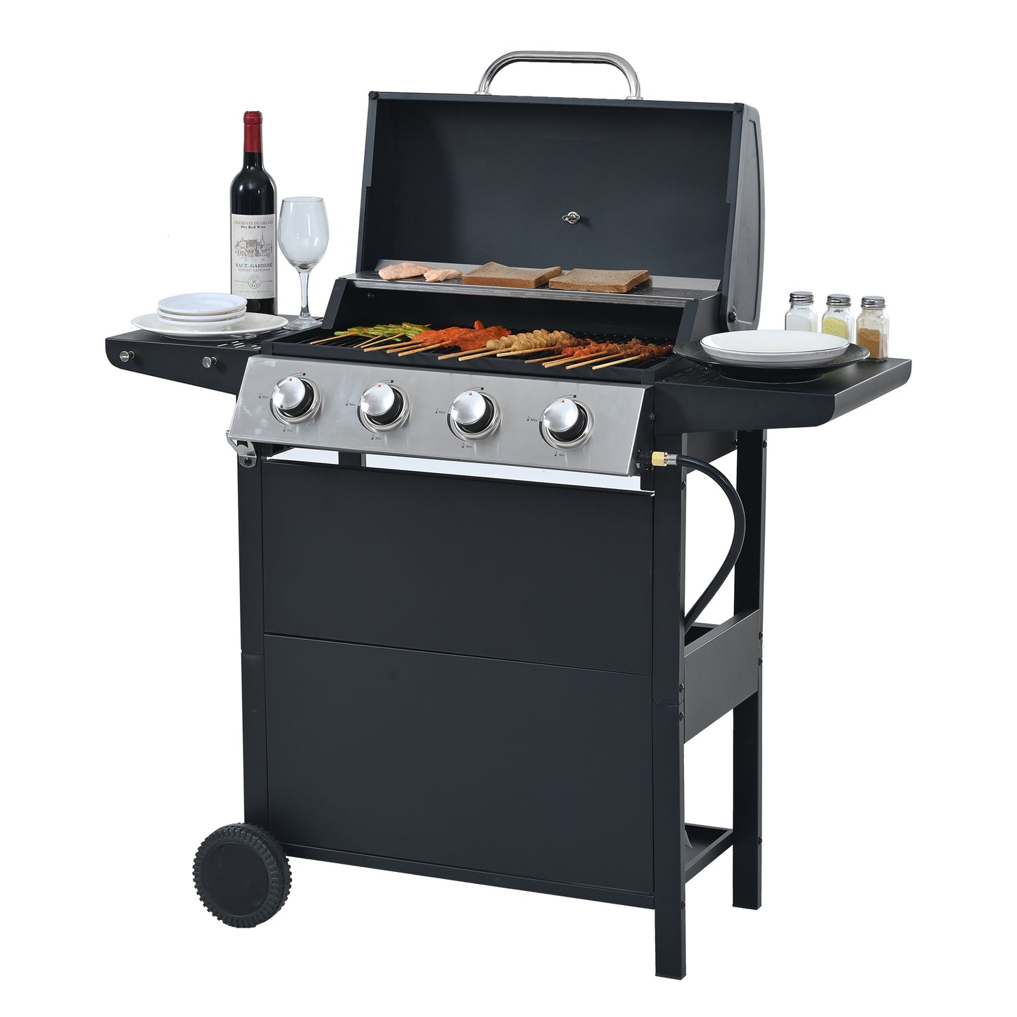 Propane Gas Grill 4 Burner Barbecue Grill, Stainless Steel 34,000 BTU Patio Garden Barbecue Grill with Two Shelves, Lid, Wheels and Bottle Opener