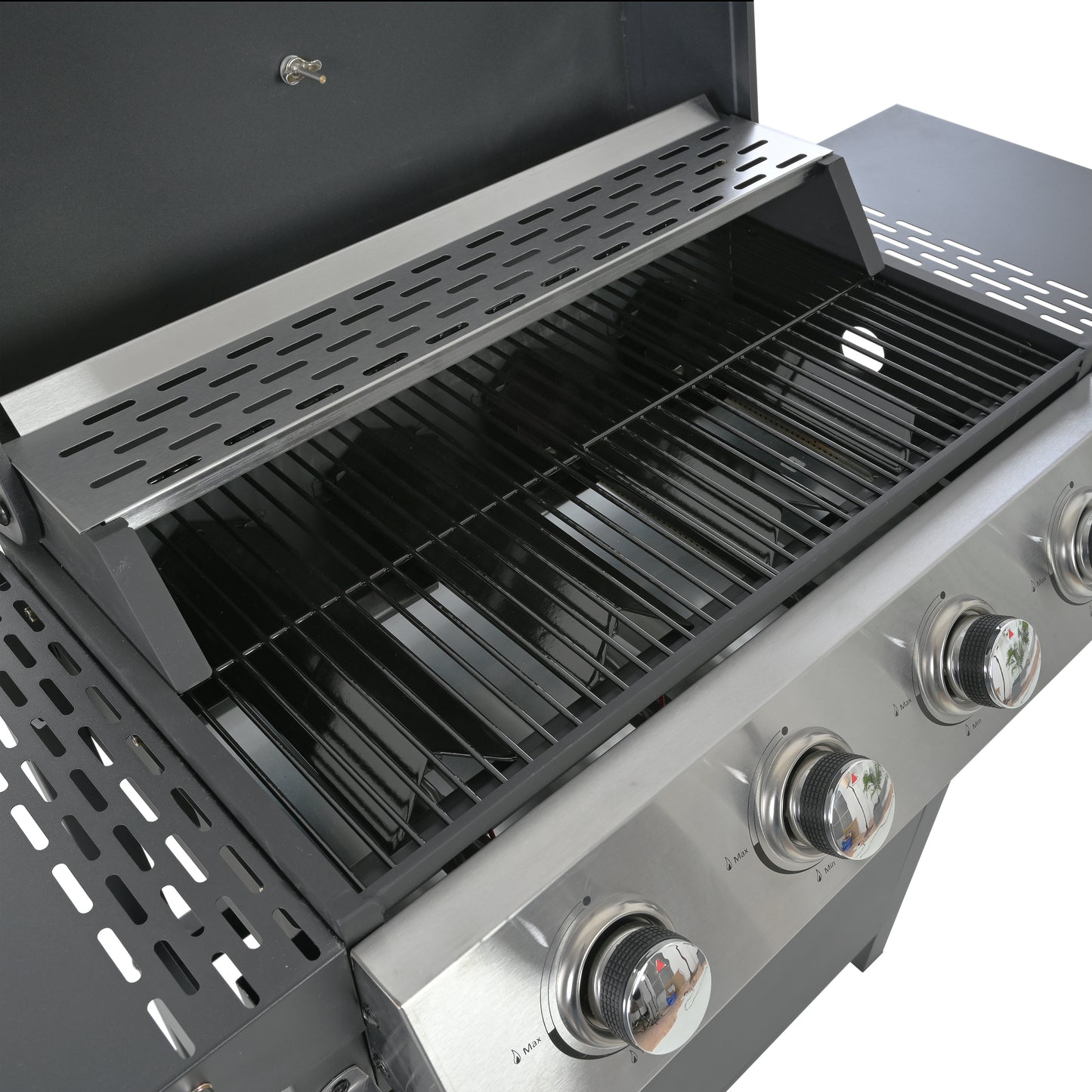 Propane Gas Grill 4 Burner Barbecue Grill, Stainless Steel 34,000 BTU Patio Garden Barbecue Grill with Two Shelves, Lid, Wheels and Bottle Opener