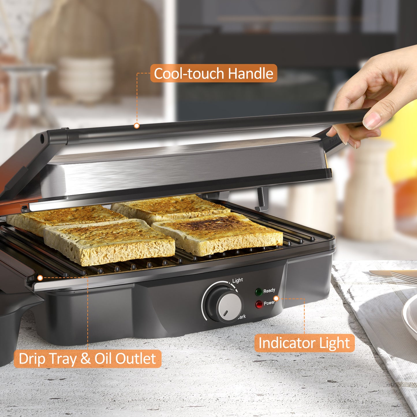 4 Slice Panini Press Grill, Stainless Steel Sandwich Maker with Non-Stick Double Plates, Locking Lids and Drip Tray, Opens 180 Degrees to Fit Any Type or Size of Food