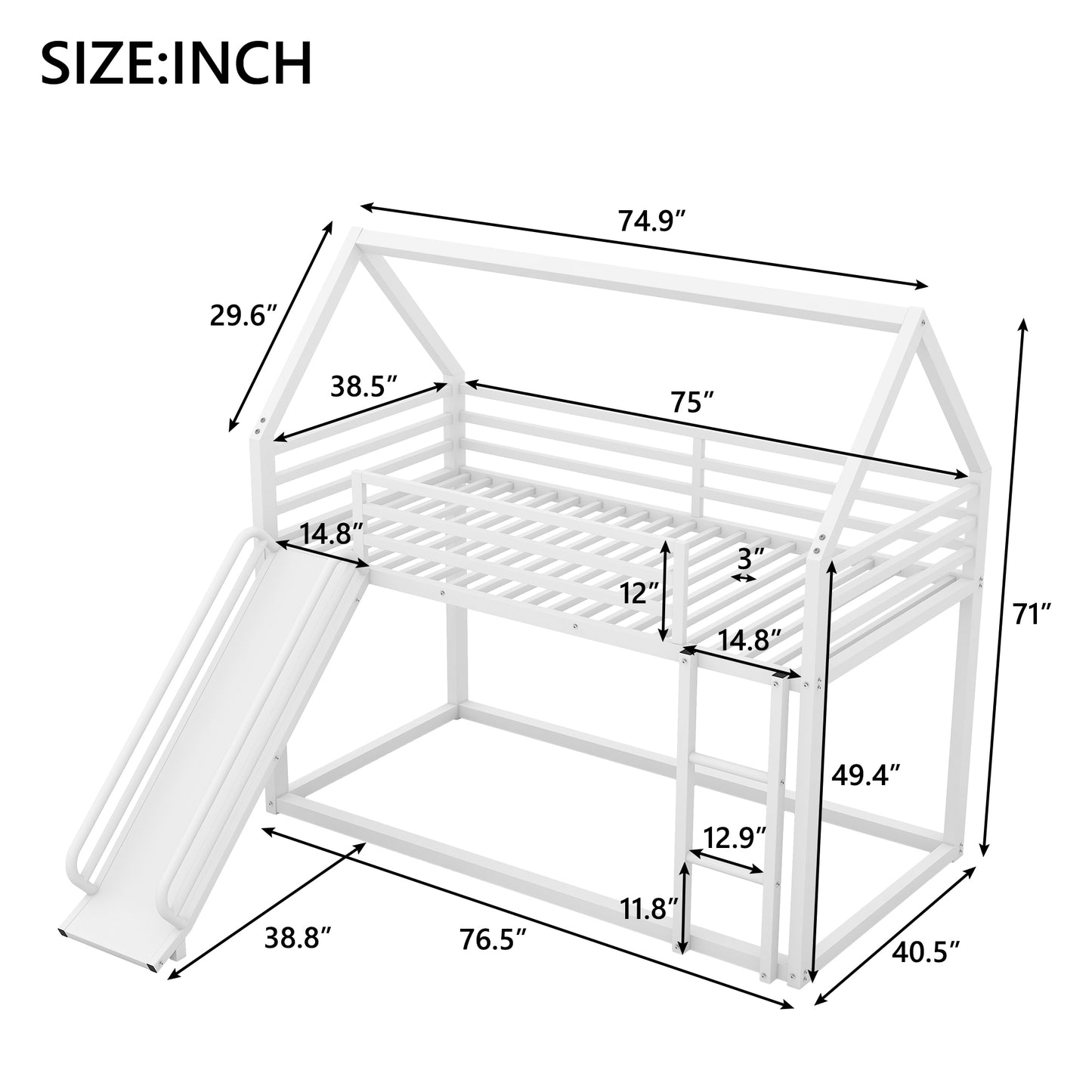 Twin over Twin House Bunk Bed with Ladder and Slide,White