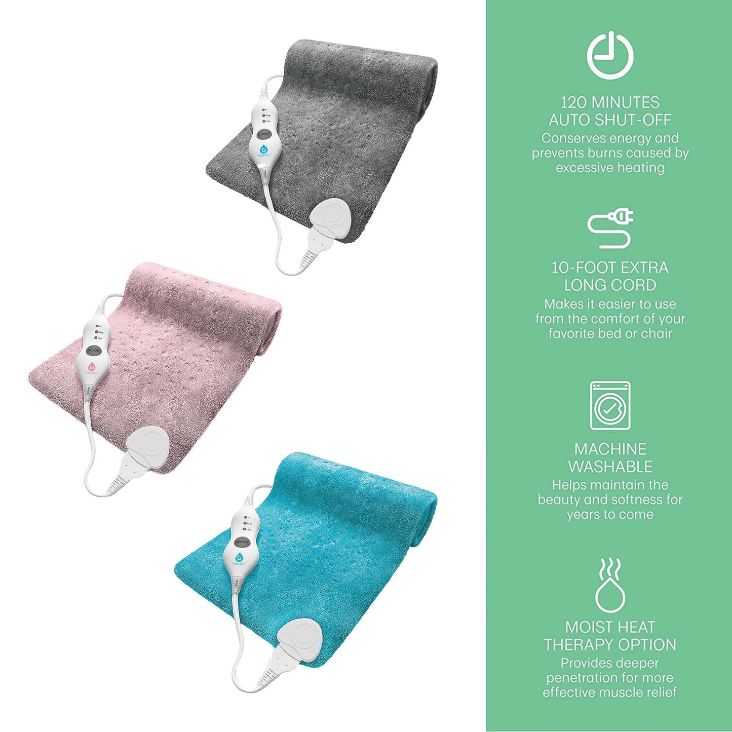 Pursonic Comfort Trio Heating Pad Set – Teal, Pink & Gray