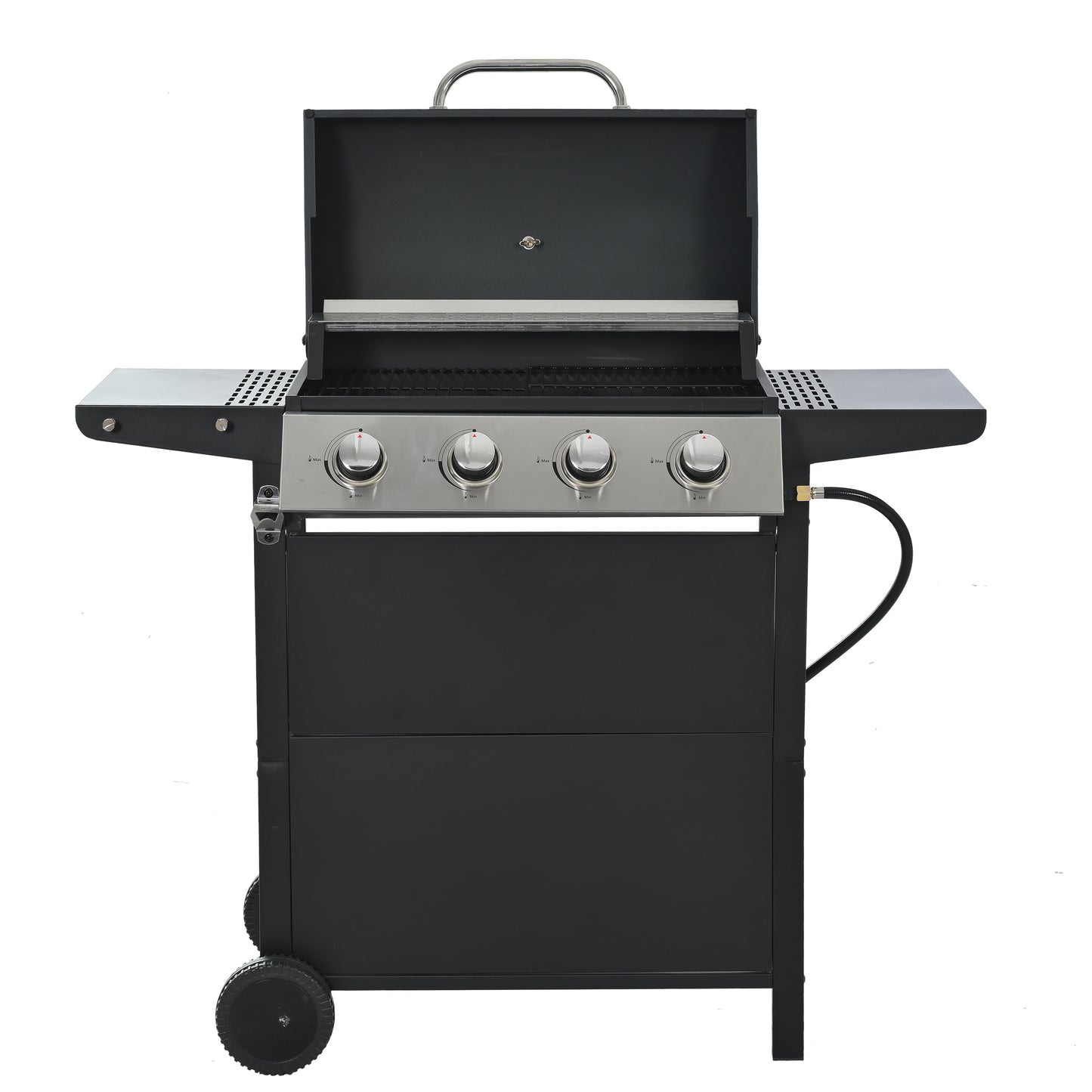 Propane Gas Grill 4 Burner Barbecue Grill, Stainless Steel 34,000 BTU Patio Garden Barbecue Grill with Two Shelves, Lid, Wheels and Bottle Opener