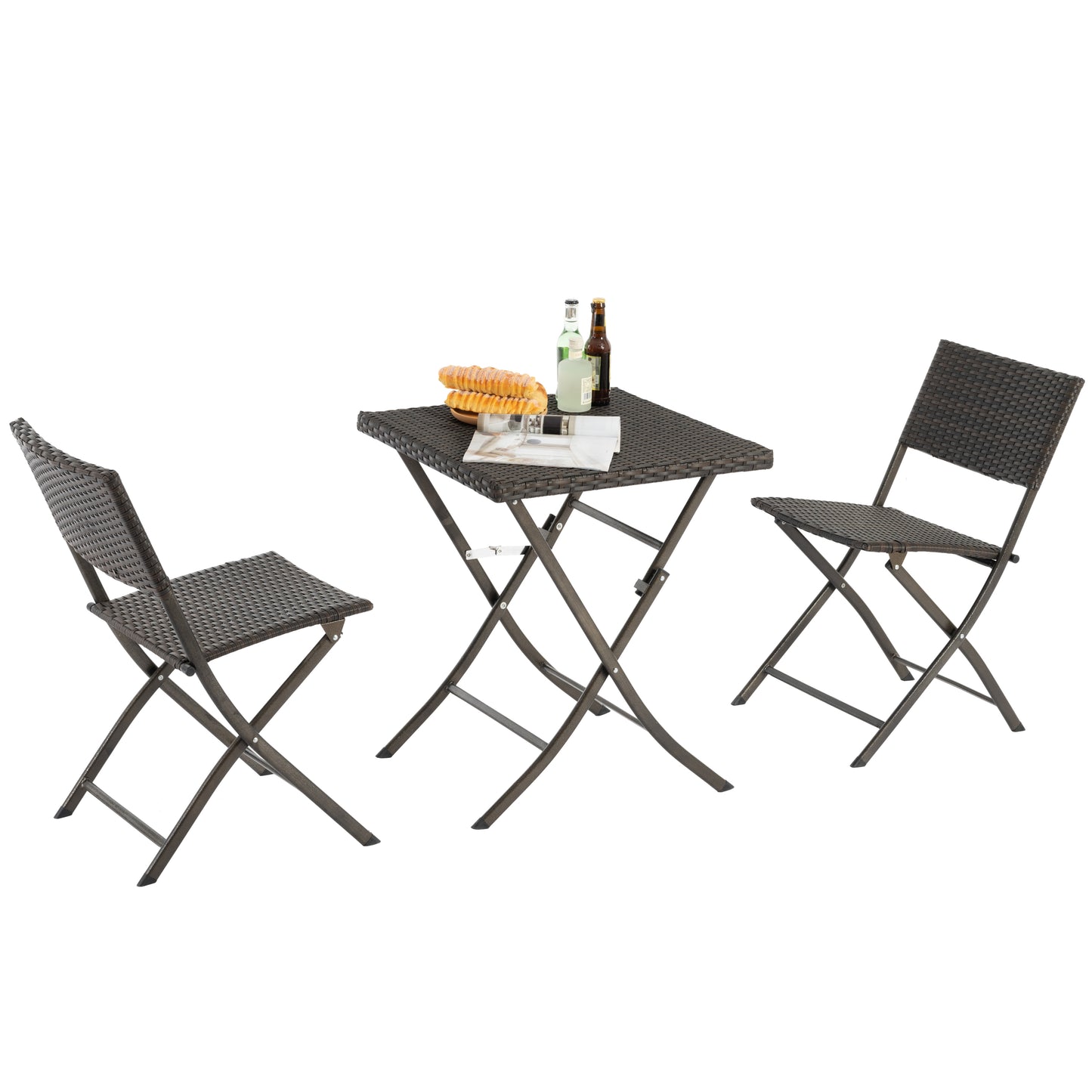 Rattan Patio Bistro Set, 3 Piece Foldable Outdoor Patio Furniture Sets, with Folding Table and Two Chairs, for Garden, Backyard, Pool, Lawn, Porch, Balcony, All Weather Rattan Style