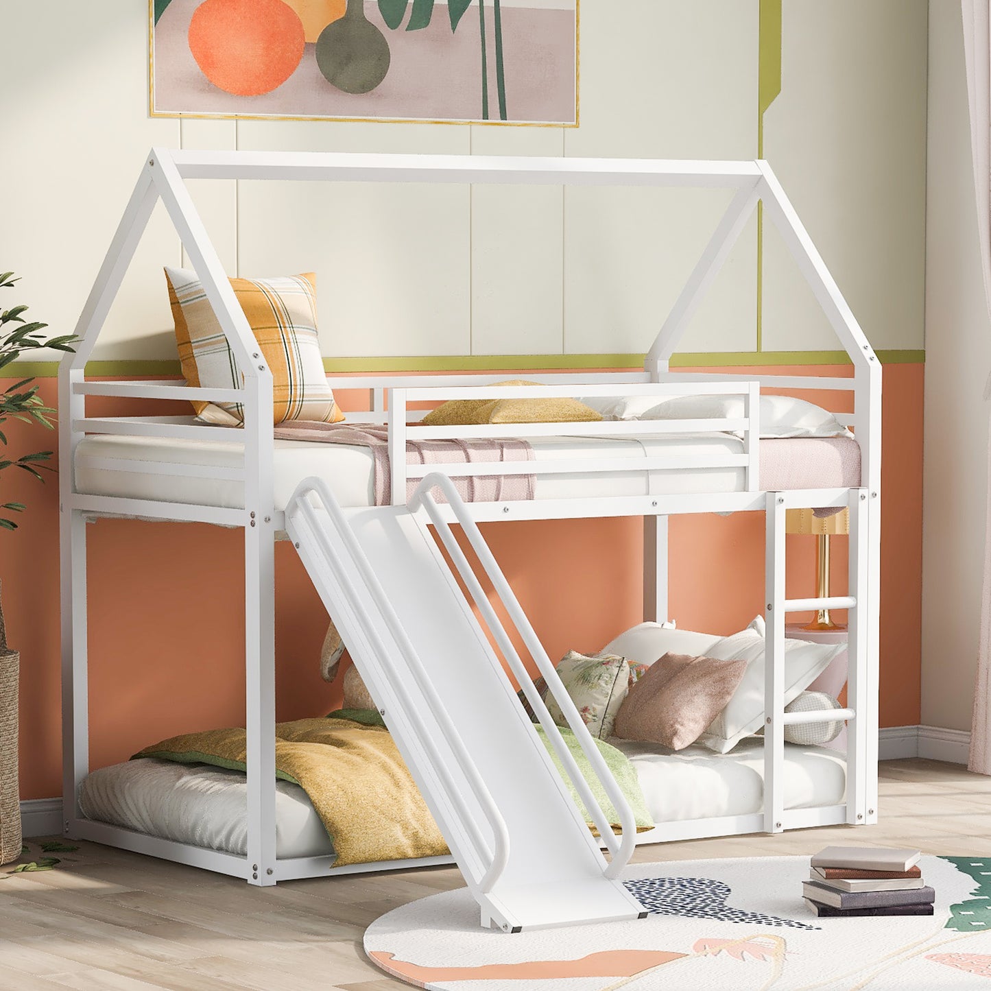 Twin over Twin House Bunk Bed with Ladder and Slide,White