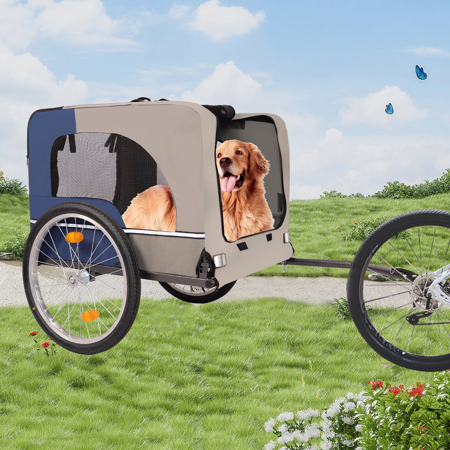 Dog Bike Trailer - Folding Pet Trailer Car for Bicycle, Folding Pet Carrier with 20 Inch Wheels, 2 Entrances, Safety Flag, Easy to Connect & Store