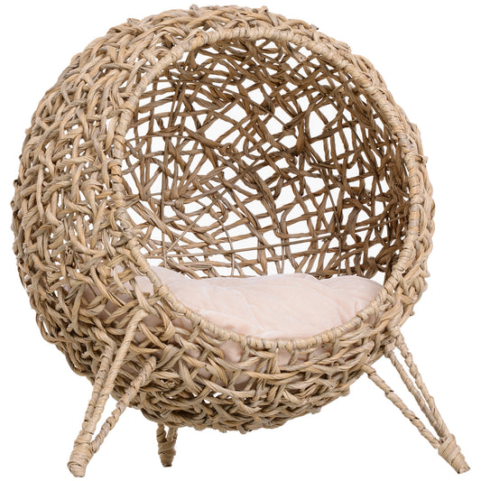 PawHut 20.5" Weaved Cat Bed, Elevated Hand-woven Braided Banana Leaf Kitten House Condo with Cushion, Beige