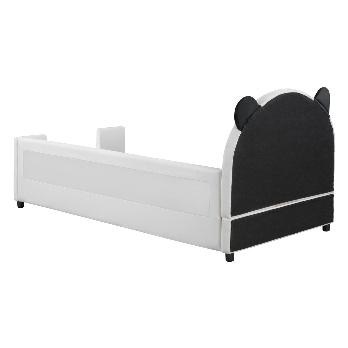 Twin Size Upholstered Daybed with Bear Shaped Headboard, Hydraulic System and Breathable Mesh Fence, White