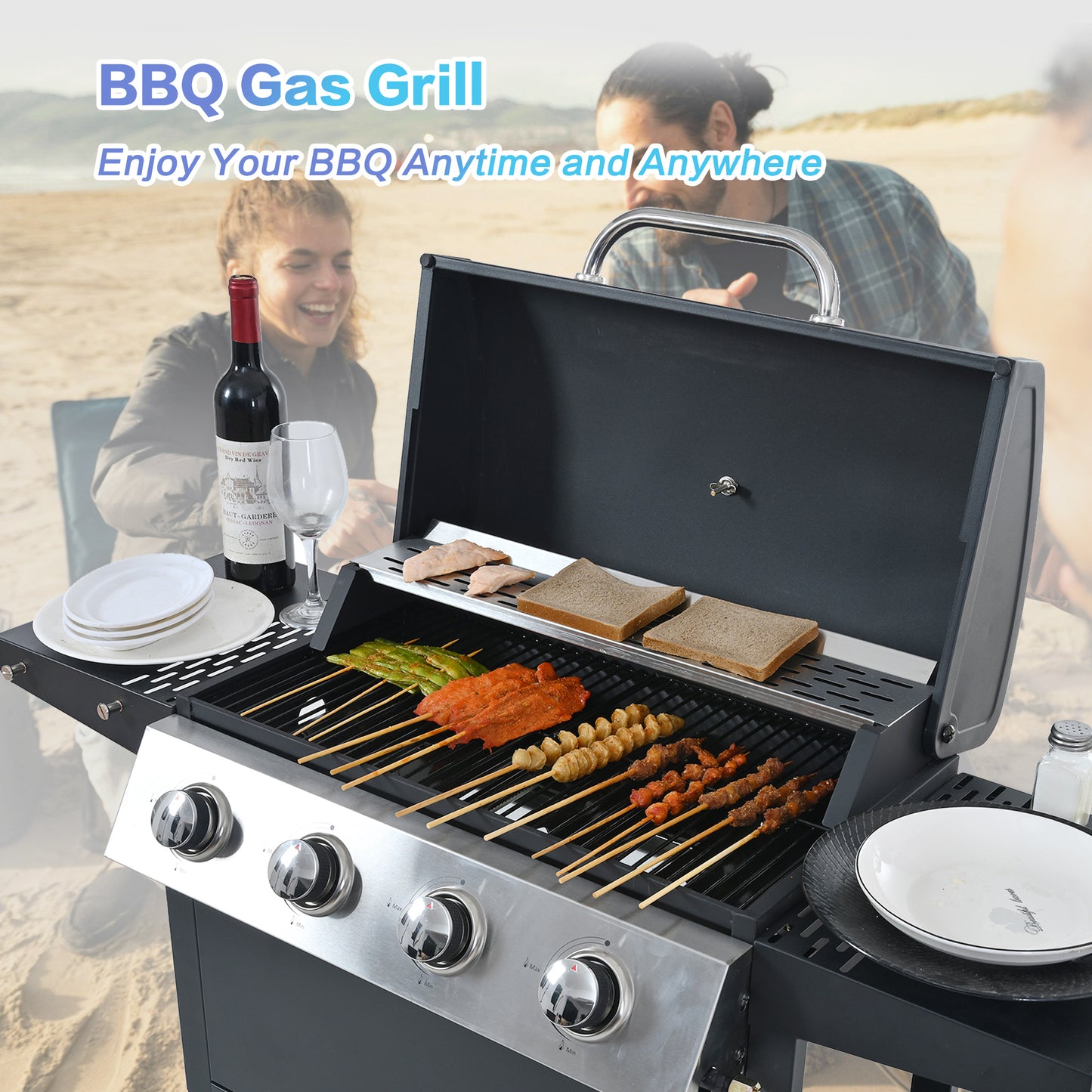 Propane Gas Grill 4 Burner Barbecue Grill, Stainless Steel 34,000 BTU Patio Garden Barbecue Grill with Two Shelves, Lid, Wheels and Bottle Opener