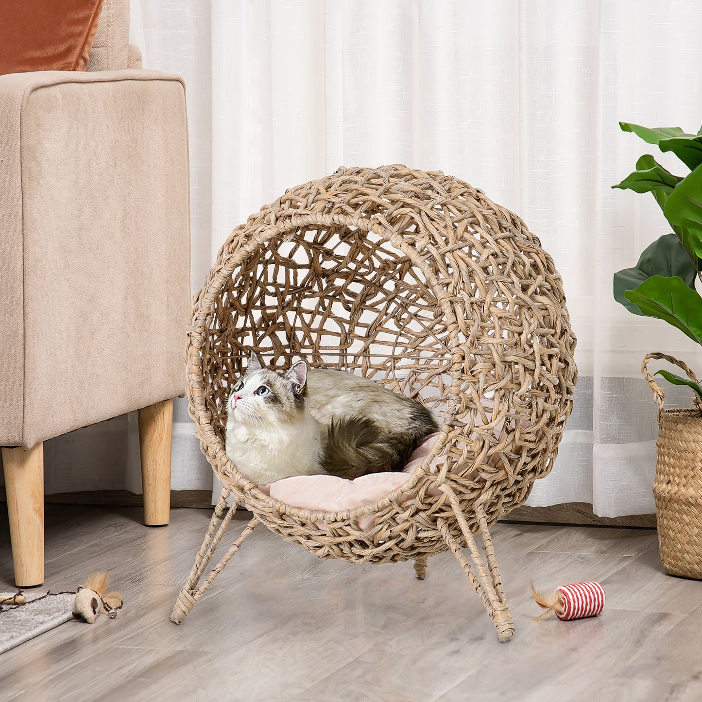 PawHut 20.5" Weaved Cat Bed, Elevated Hand-woven Braided Banana Leaf Kitten House Condo with Cushion, Beige