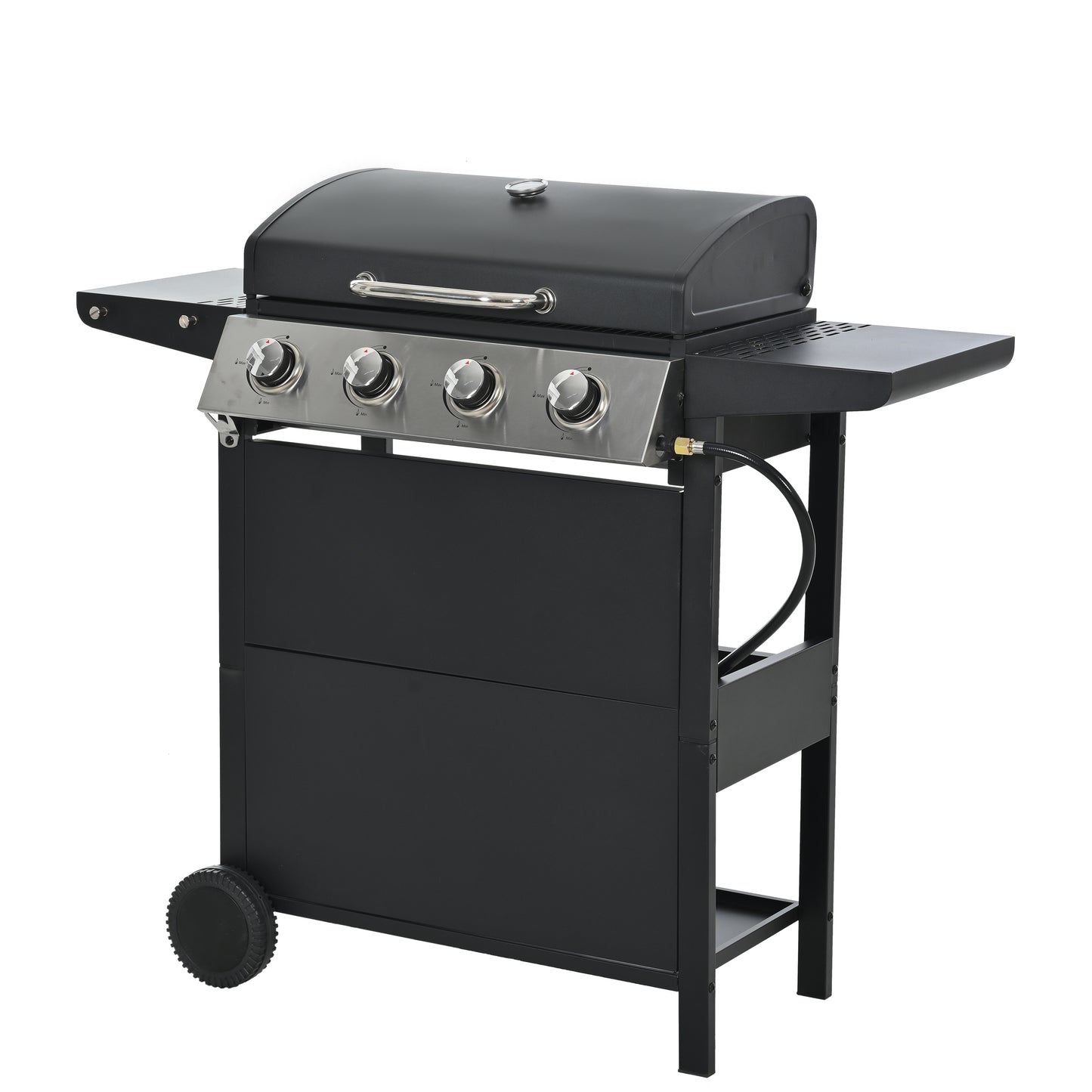 Propane Gas Grill 4 Burner Barbecue Grill, Stainless Steel 34,000 BTU Patio Garden Barbecue Grill with Two Shelves, Lid, Wheels and Bottle Opener