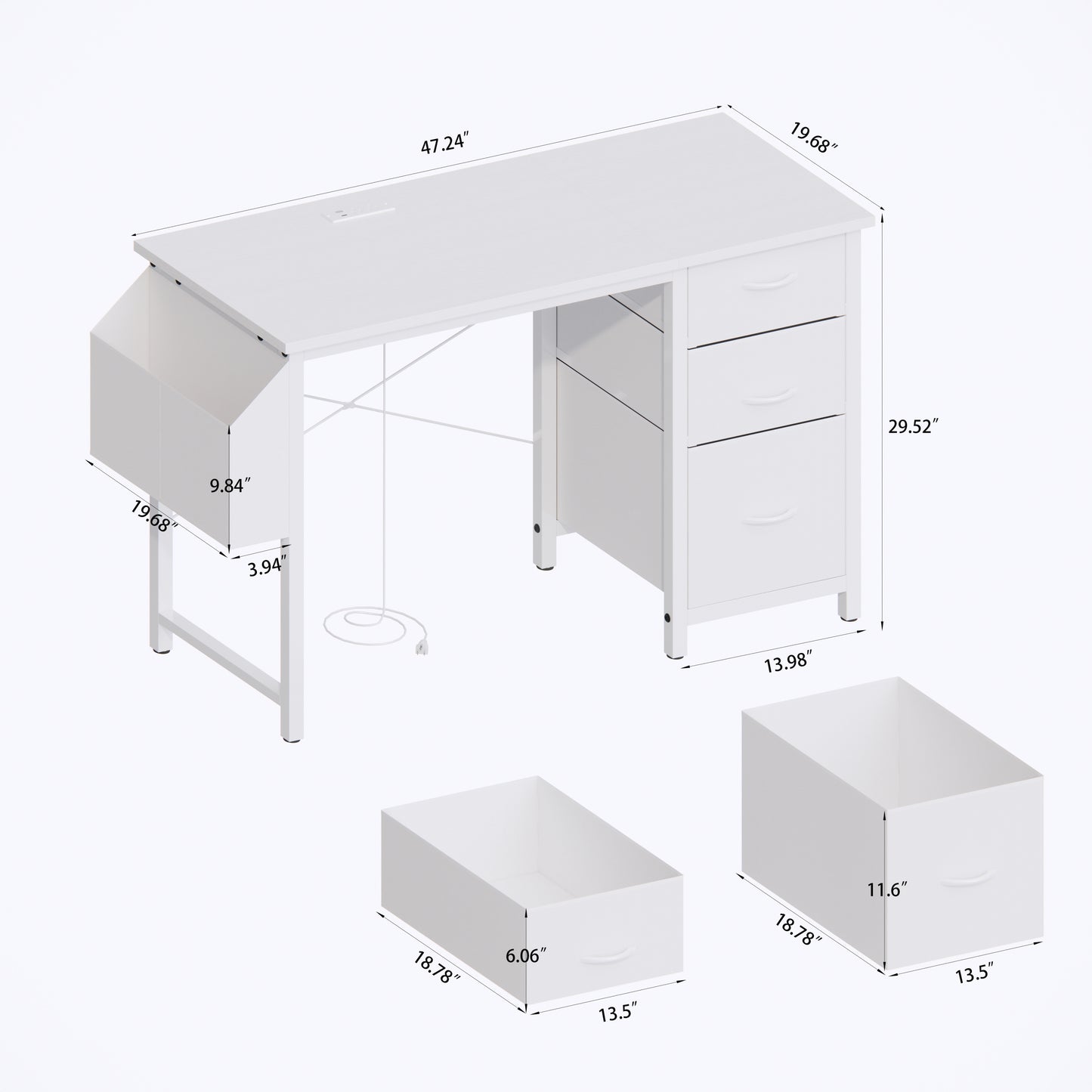 47.3"office desk with power outlet,3 drawers,Side Pocket, Study Desk Easy to Assemble,Frame stability Reversible for home desk, company computer desk, game table,Vanity table, white