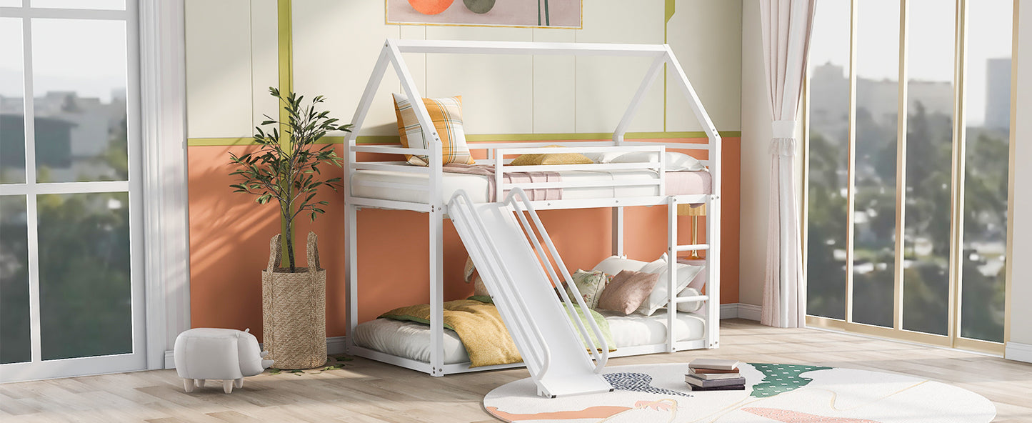 Twin over Twin House Bunk Bed with Ladder and Slide,White