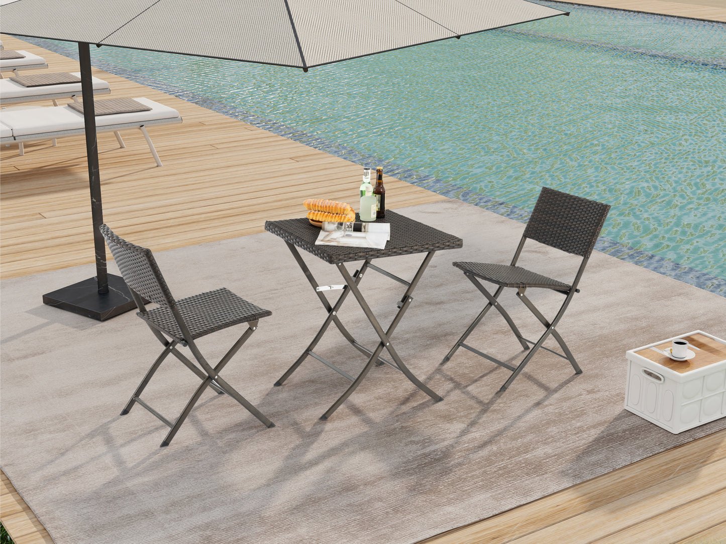 Rattan Patio Bistro Set, 3 Piece Foldable Outdoor Patio Furniture Sets, with Folding Table and Two Chairs, for Garden, Backyard, Pool, Lawn, Porch, Balcony, All Weather Rattan Style