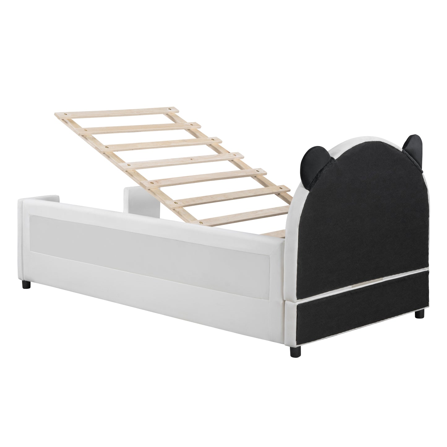 Twin Size Upholstered Daybed with Bear Shaped Headboard, Hydraulic System and Breathable Mesh Fence, White